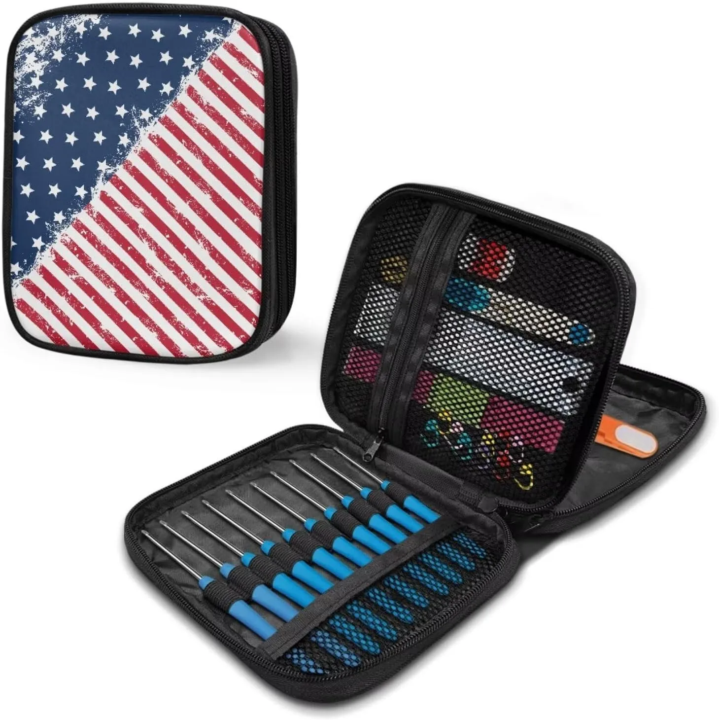 Vanideaoty 4th of July Crochet Hook Case Flag Knitting Needle Storage Easy to Carry Crochet Storage Organizer for Airports and Parks, Portable and Washable