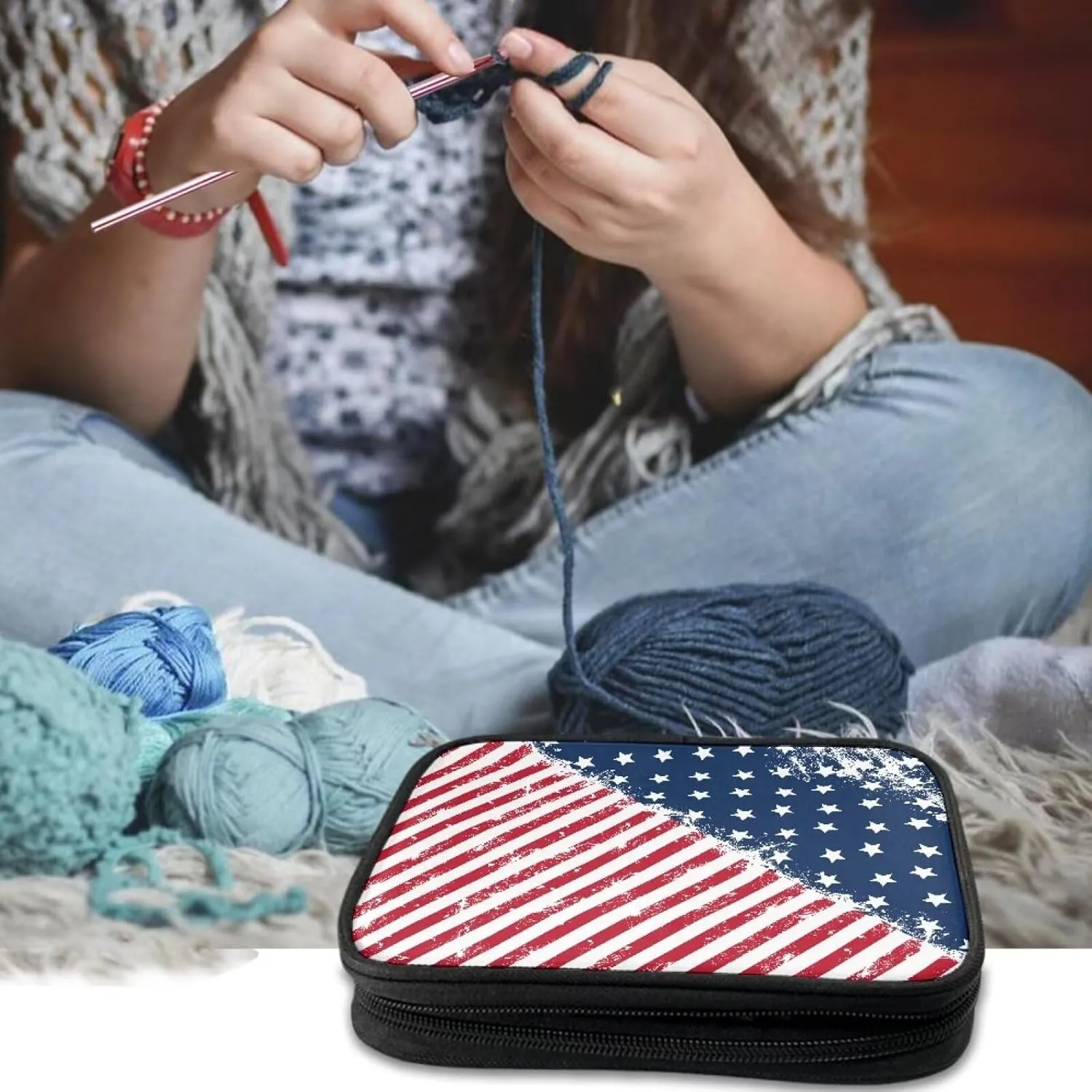 Vanideaoty 4th of July Crochet Hook Case Flag Knitting Needle Storage Easy to Carry Crochet Storage Organizer for Airports and Parks, Portable and Washable