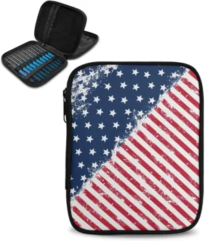 Vanideaoty 4th of July Crochet Hook Case Flag Knitting Needle Storage Easy to Carry Crochet Storage Organizer for Airports and Parks, Portable and Washable