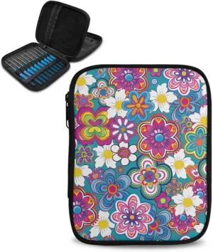 Vanideaoty Boho Floral Crochet Hook Case with Web Pockets Knitting Needle Organizer - Portable Crochet & Knitting Storage for Hooks, Needles & Supplies