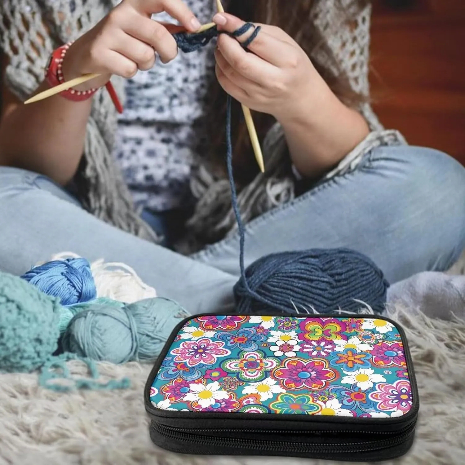 Vanideaoty Boho Floral Crochet Hook Case with Web Pockets Knitting Needle Organizer - Portable Crochet & Knitting Storage for Hooks, Needles & Supplies
