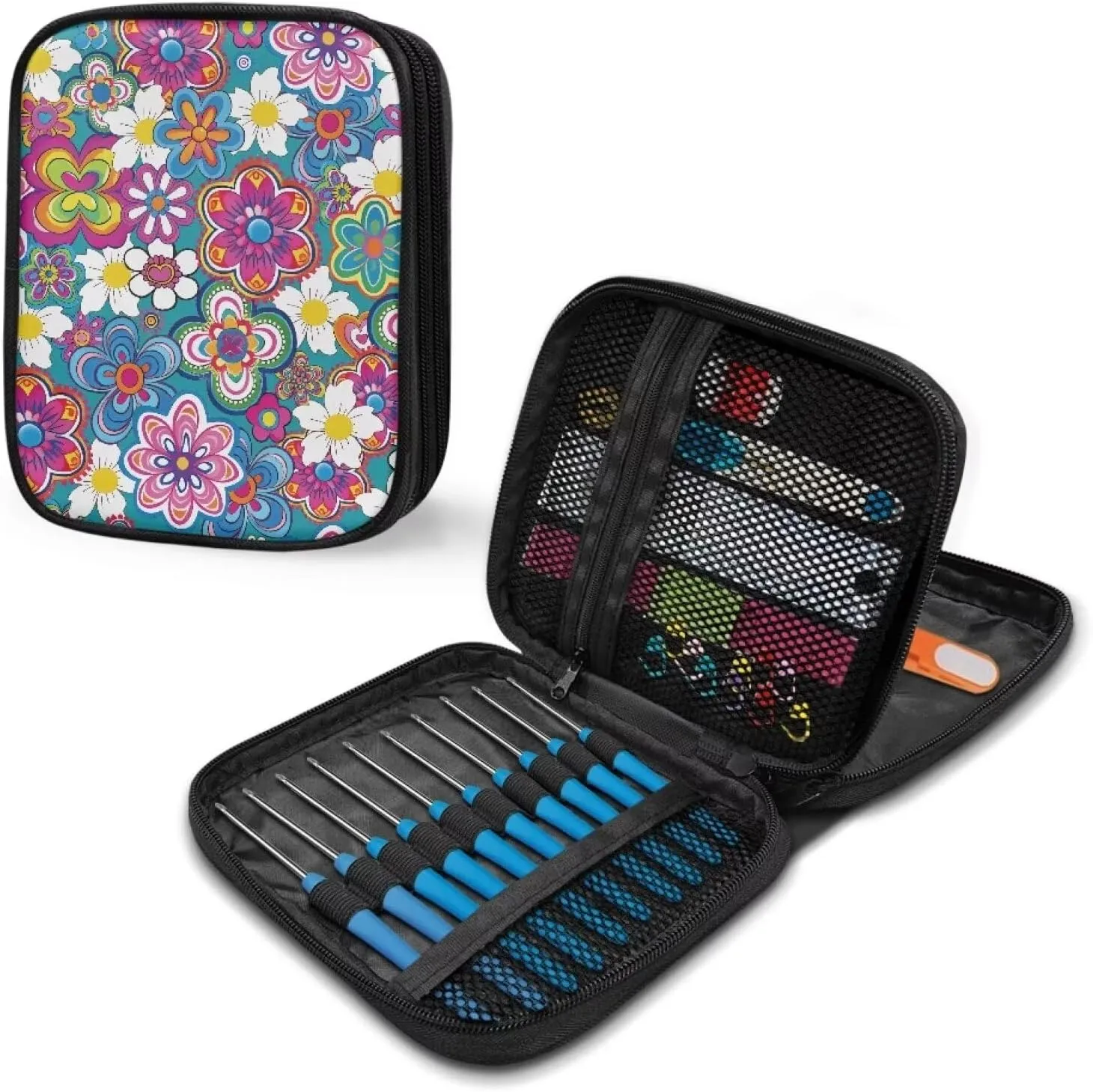 Vanideaoty Boho Floral Crochet Hook Case with Web Pockets Knitting Needle Organizer - Portable Crochet & Knitting Storage for Hooks, Needles & Supplies