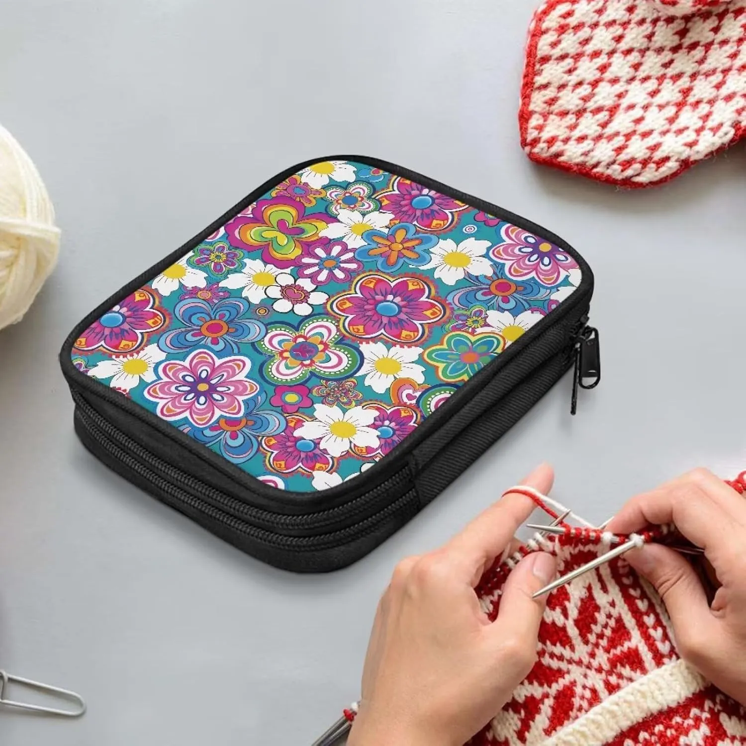 Vanideaoty Boho Floral Crochet Hook Case with Web Pockets Knitting Needle Organizer - Portable Crochet & Knitting Storage for Hooks, Needles & Supplies