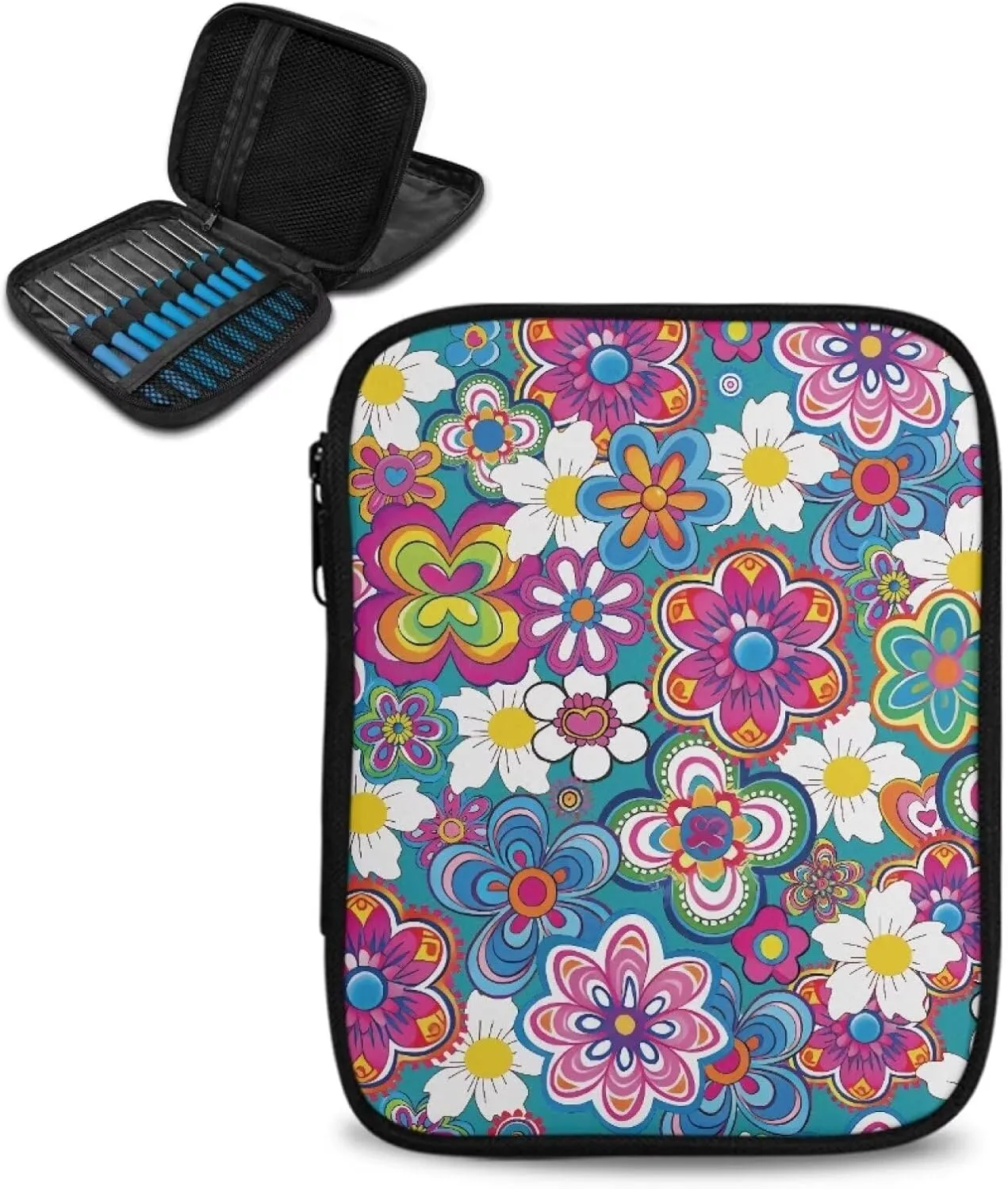 Vanideaoty Boho Floral Crochet Hook Case with Web Pockets Knitting Needle Organizer - Portable Crochet & Knitting Storage for Hooks, Needles & Supplies
