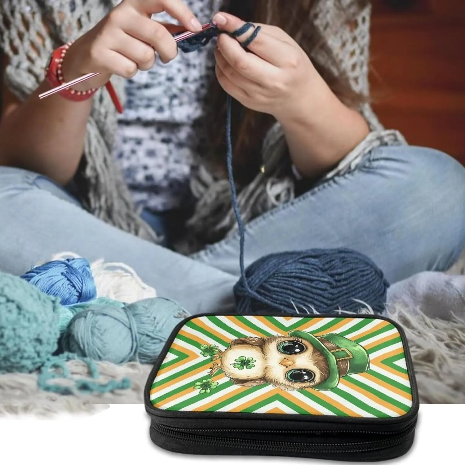 Vanideaoty Cute Owl Crochet Hook Case Stripes Crochet Storage Organizer with Web Pockets Lightweight Knitting Needle Case for Airports and Parks Vacation
