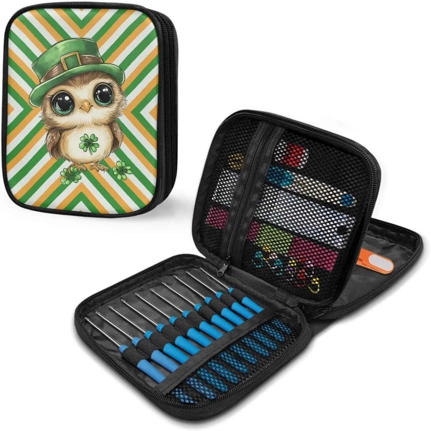 Vanideaoty Cute Owl Crochet Hook Case Stripes Crochet Storage Organizer with Web Pockets Lightweight Knitting Needle Case for Airports and Parks Vacation