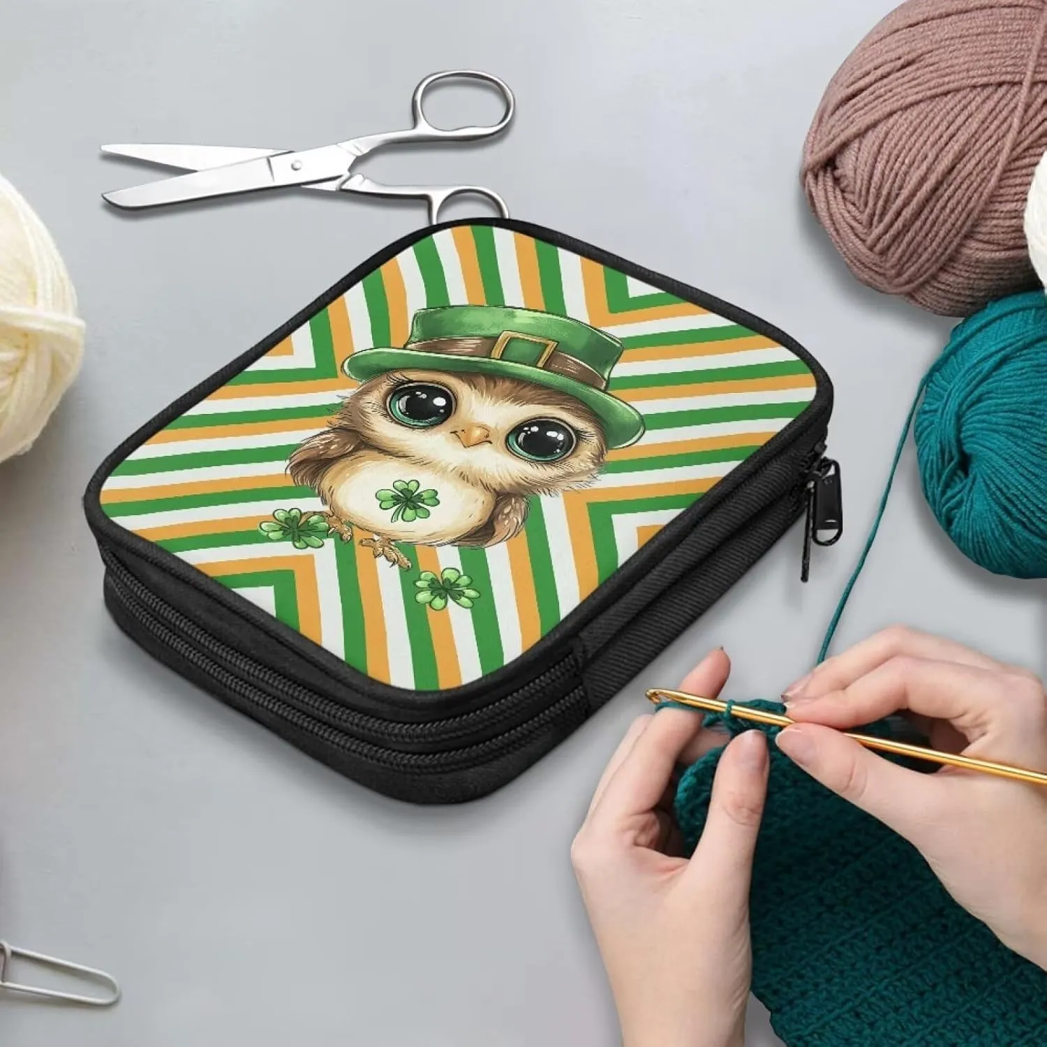 Vanideaoty Cute Owl Crochet Hook Case Stripes Crochet Storage Organizer with Web Pockets Lightweight Knitting Needle Case for Airports and Parks Vacation