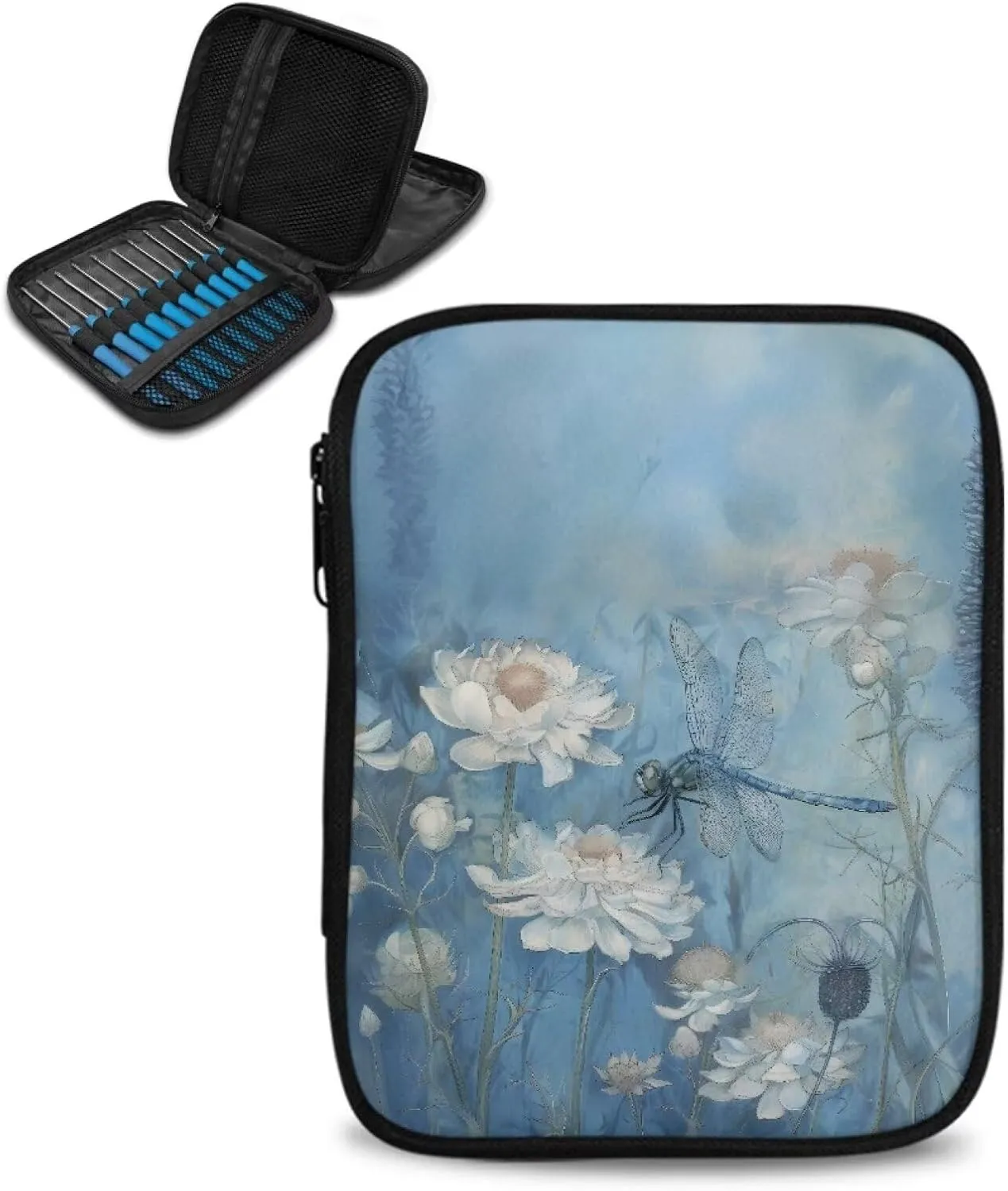 Vanideaoty Dragonfly Daisy Crochet Hook Case Breathable Crochet Organizers with Web Pockets Knitting Needle Case for Swing Crochet Hooks, Lighted Hooks, Needles and Accessories