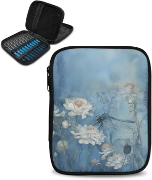 Vanideaoty Dragonfly Daisy Crochet Hook Case Breathable Crochet Organizers with Web Pockets Knitting Needle Case for Swing Crochet Hooks, Lighted Hooks, Needles and Accessories