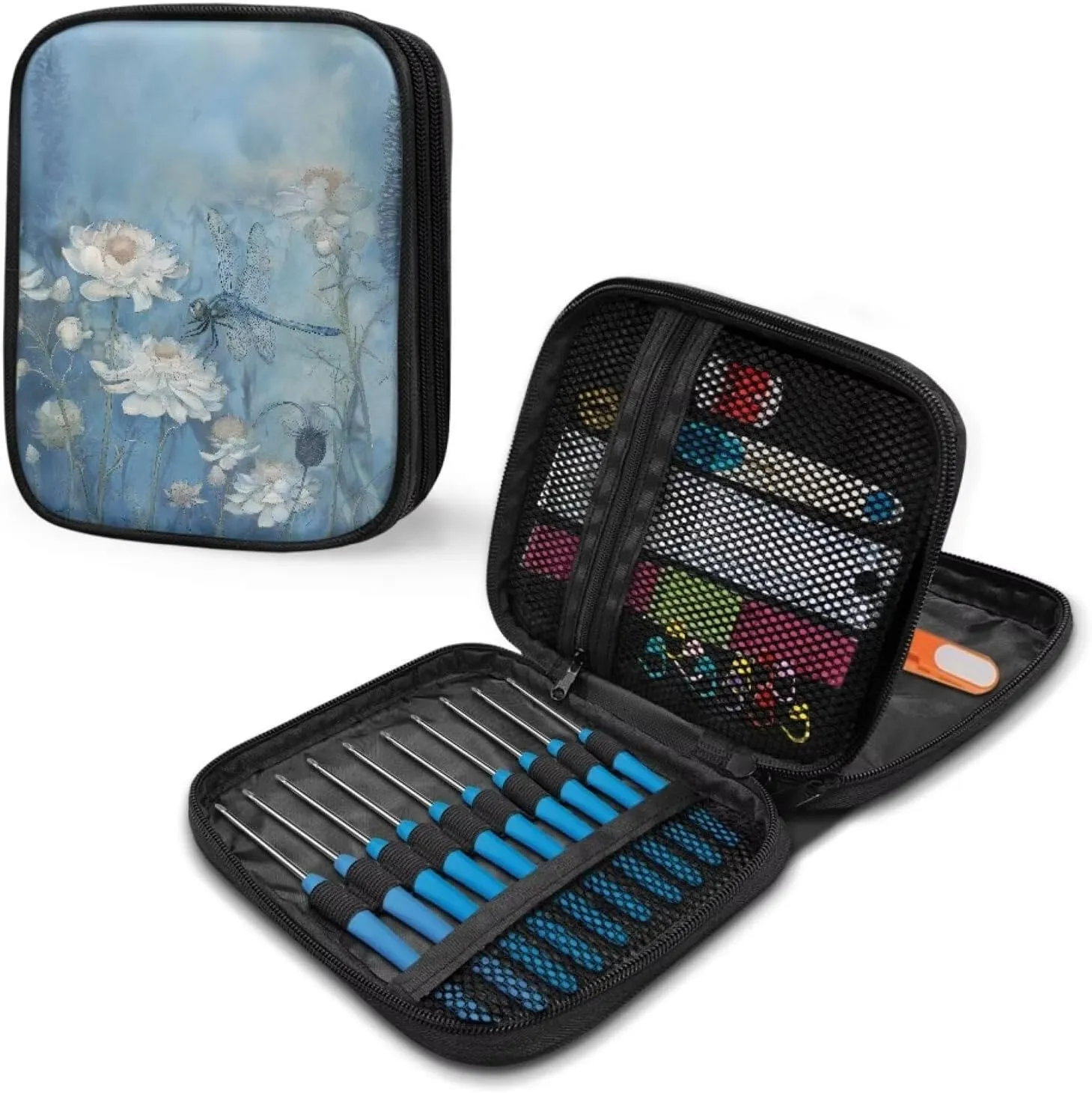 Vanideaoty Dragonfly Daisy Crochet Hook Case Breathable Crochet Organizers with Web Pockets Knitting Needle Case for Swing Crochet Hooks, Lighted Hooks, Needles and Accessories
