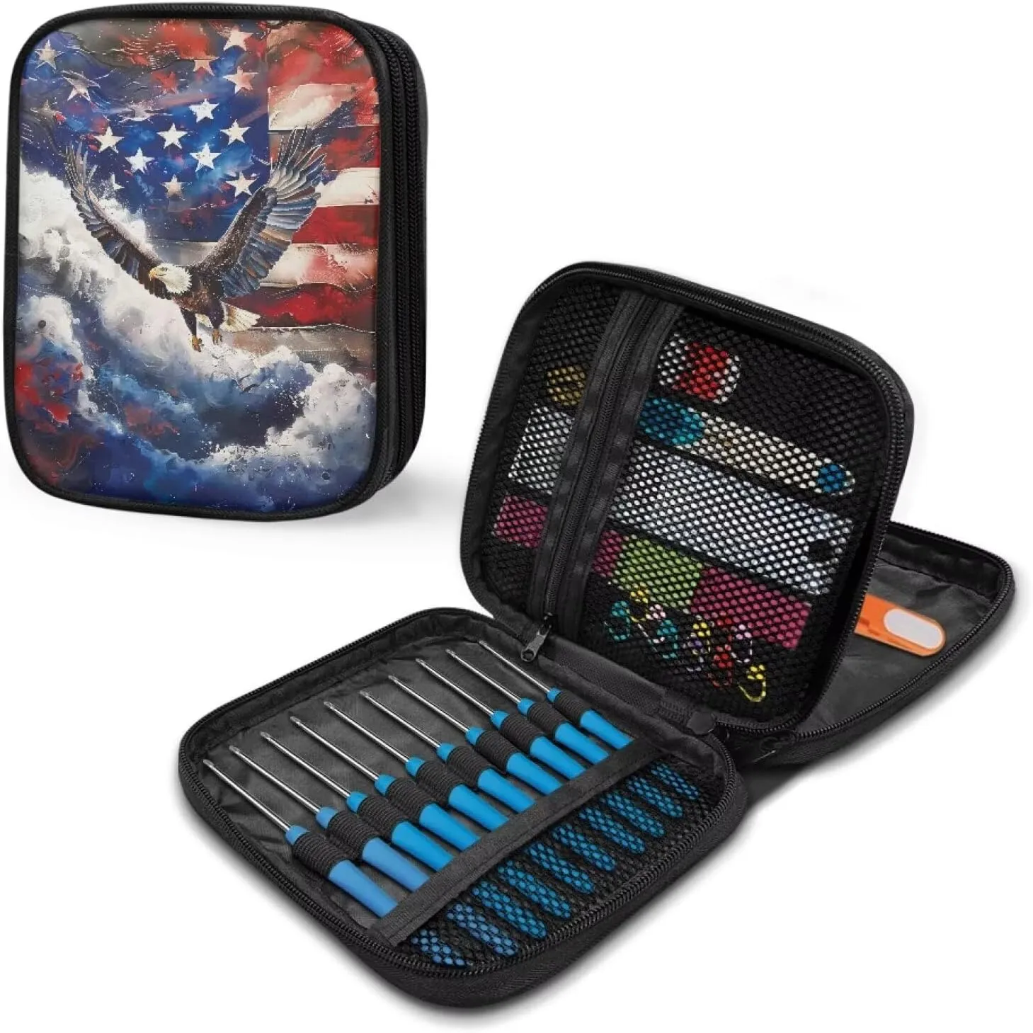 Vanideaoty Eagle Flag Crochet Hook Case with Web Pockets Knitting Needle Case Portable Crochet Organizer for Lighted Hooks, Needles and Accessories Women Gifts