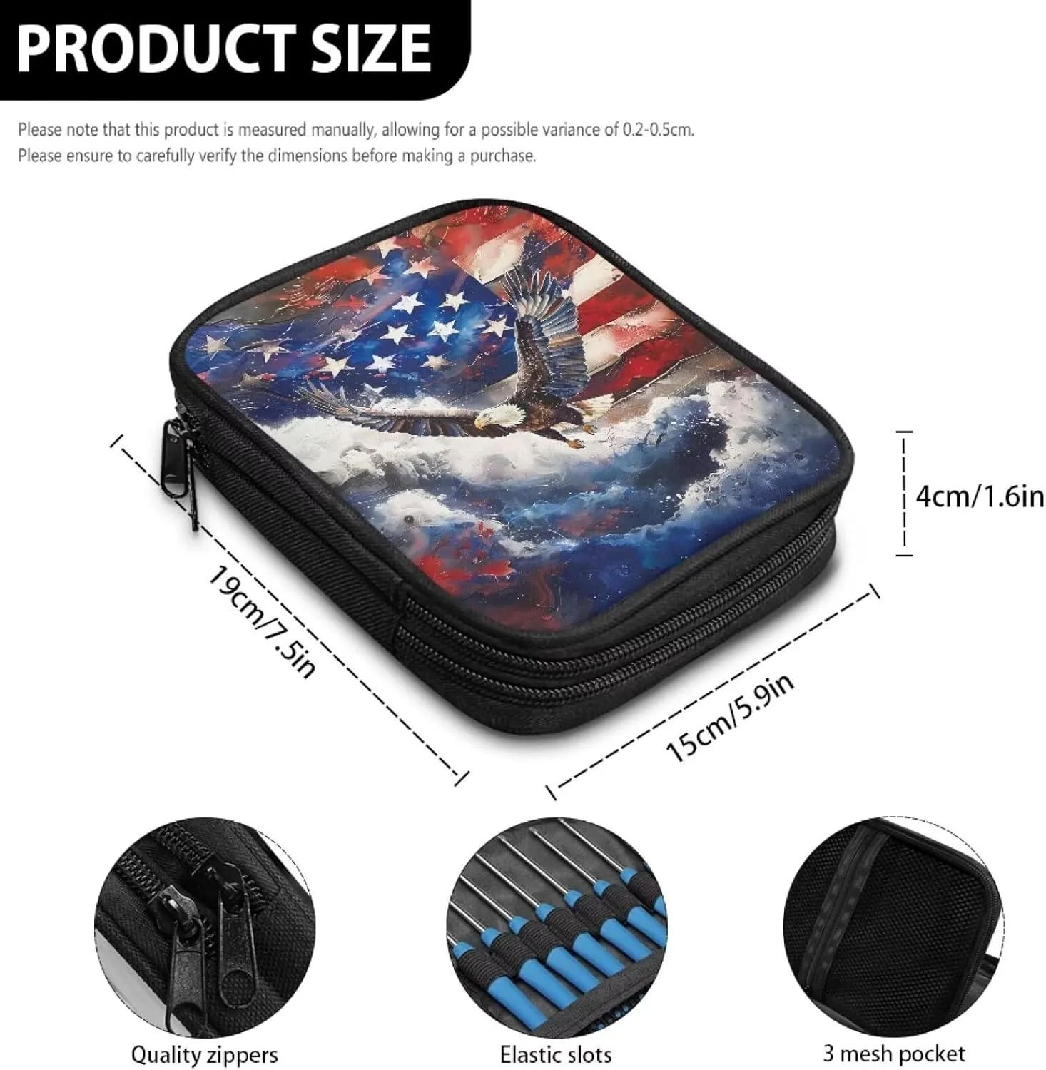 Vanideaoty Eagle Flag Crochet Hook Case with Web Pockets Knitting Needle Case Portable Crochet Organizer for Lighted Hooks, Needles and Accessories Women Gifts
