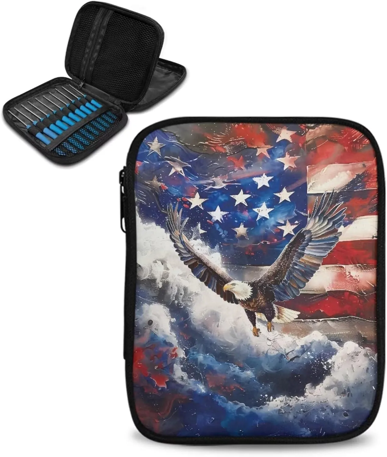 Vanideaoty Eagle Flag Crochet Hook Case with Web Pockets Knitting Needle Case Portable Crochet Organizer for Lighted Hooks, Needles and Accessories Women Gifts