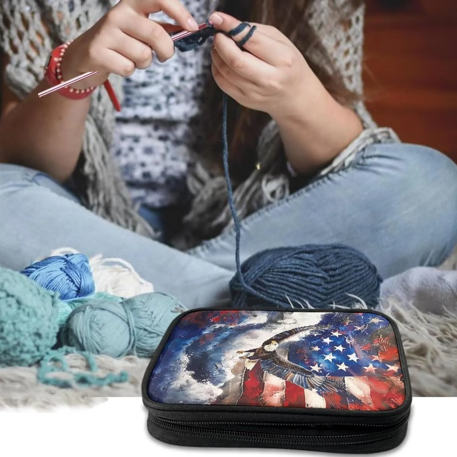 Vanideaoty Eagle Flag Crochet Hook Case with Web Pockets Knitting Needle Case Portable Crochet Organizer for Lighted Hooks, Needles and Accessories Women Gifts