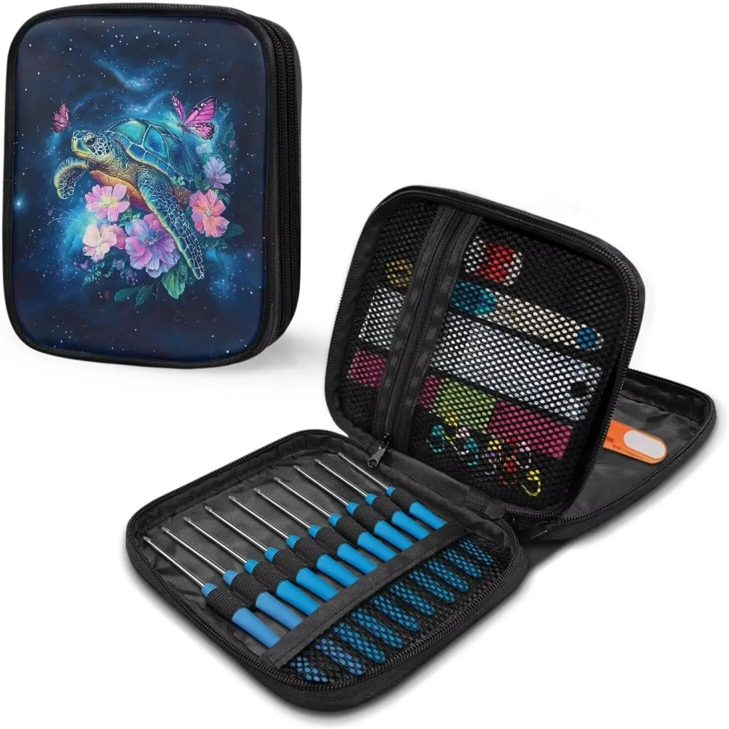 Vanideaoty Turtle Crochet Hook Case with Web Pockets Butterfly Knitting Needle Case Portable Crochet Storage Organizer Empty for Airports and Parks Washable East to Carry