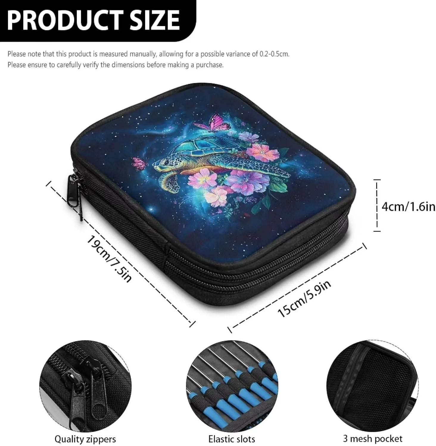 Vanideaoty Turtle Crochet Hook Case with Web Pockets Butterfly Knitting Needle Case Portable Crochet Storage Organizer Empty for Airports and Parks Washable East to Carry
