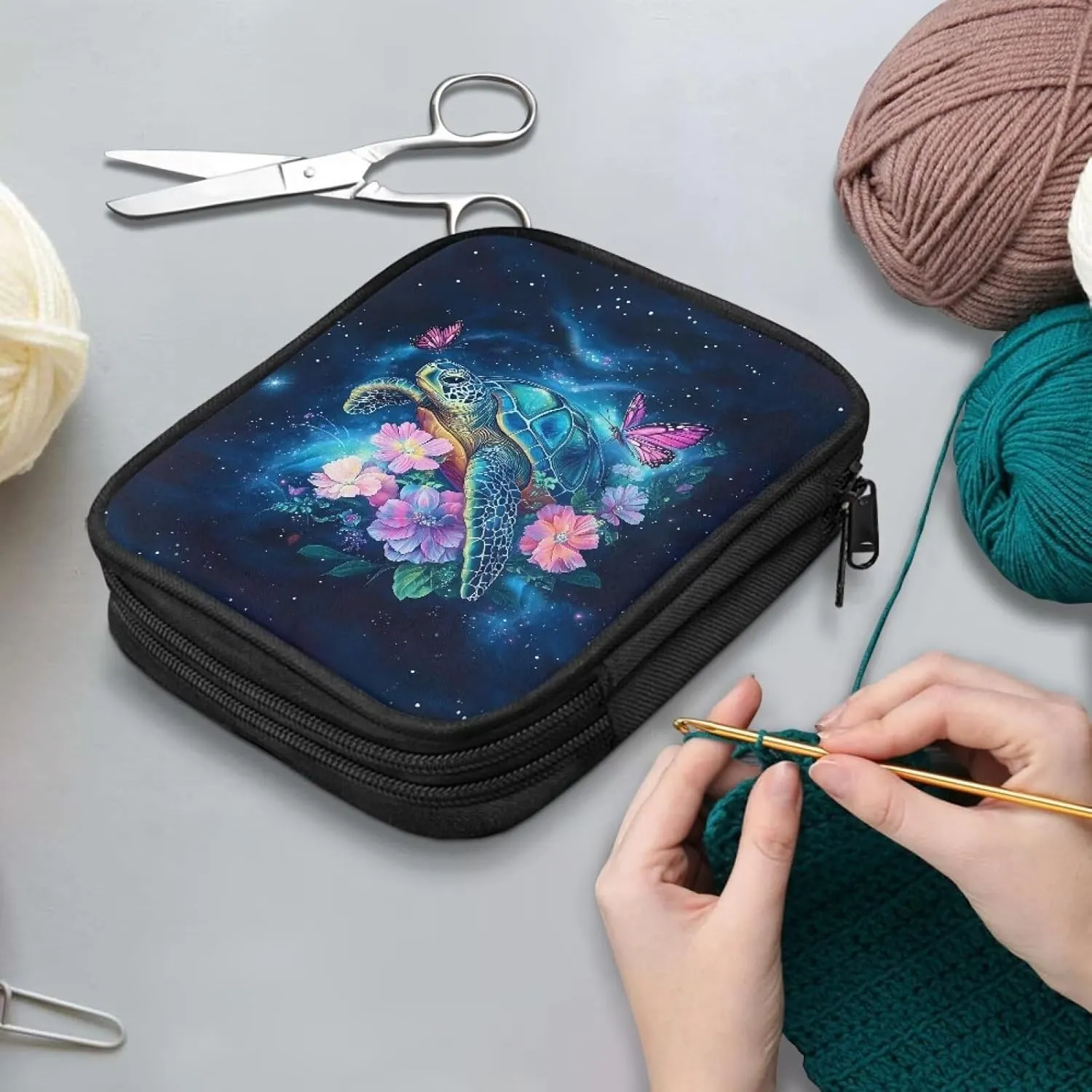 Vanideaoty Turtle Crochet Hook Case with Web Pockets Butterfly Knitting Needle Case Portable Crochet Storage Organizer Empty for Airports and Parks Washable East to Carry