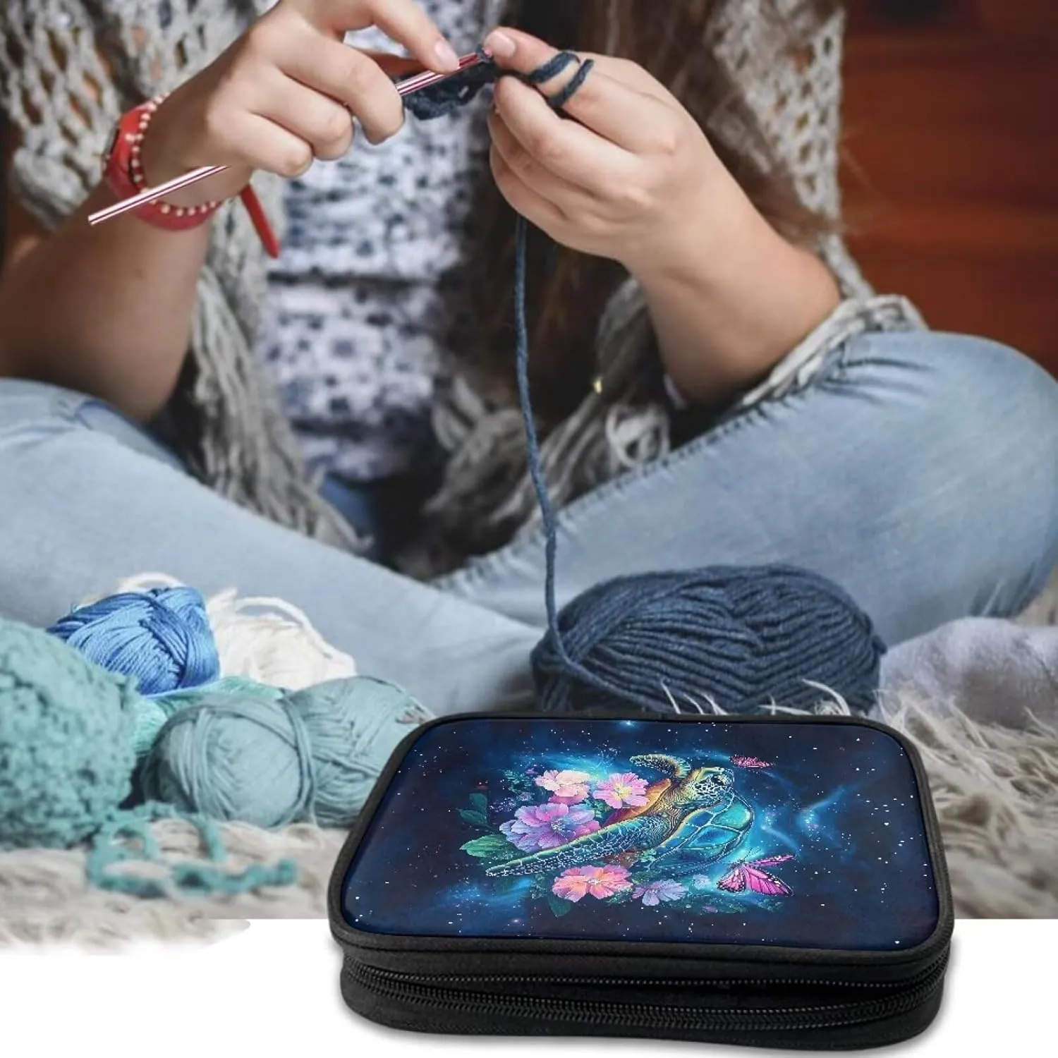 Vanideaoty Turtle Crochet Hook Case with Web Pockets Butterfly Knitting Needle Case Portable Crochet Storage Organizer Empty for Airports and Parks Washable East to Carry