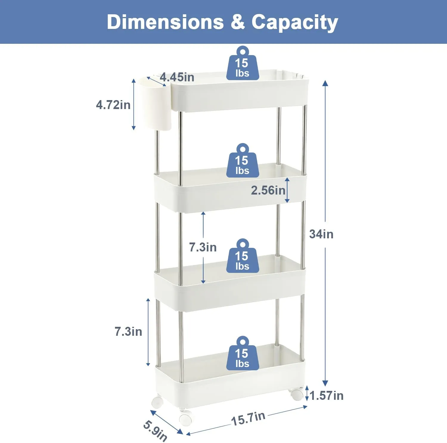 VECELO Storage Rolling Cart, 4 Tier Utility Cart Kitchen Slim Mobile Storage Unit Organizers with Wheels Hooks&Hanging Cups for Bedroom Bathroom Office Table Side in Narrow Places, White
