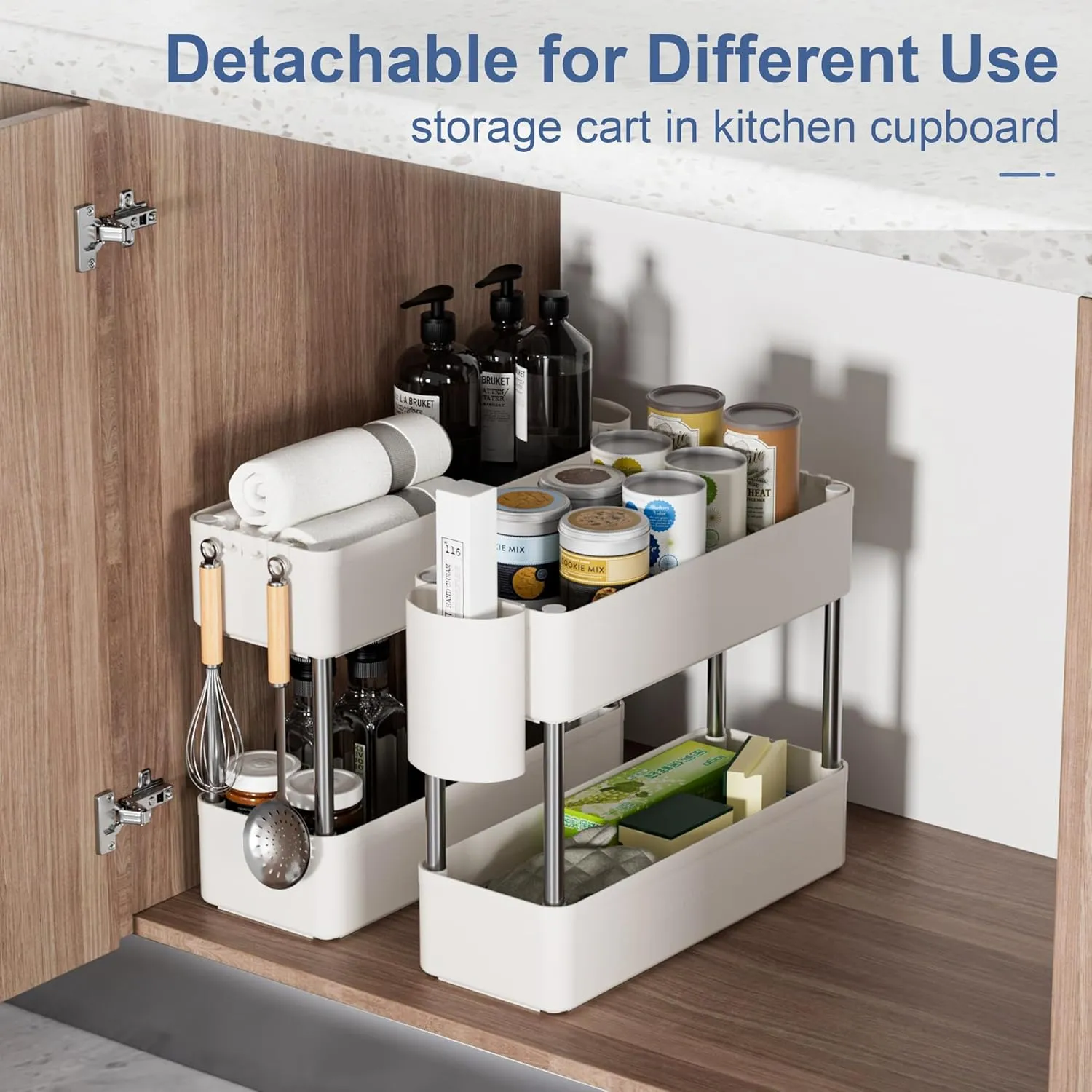 VECELO Storage Rolling Cart, 4 Tier Utility Cart Kitchen Slim Mobile Storage Unit Organizers with Wheels Hooks&Hanging Cups for Bedroom Bathroom Office Table Side in Narrow Places, White