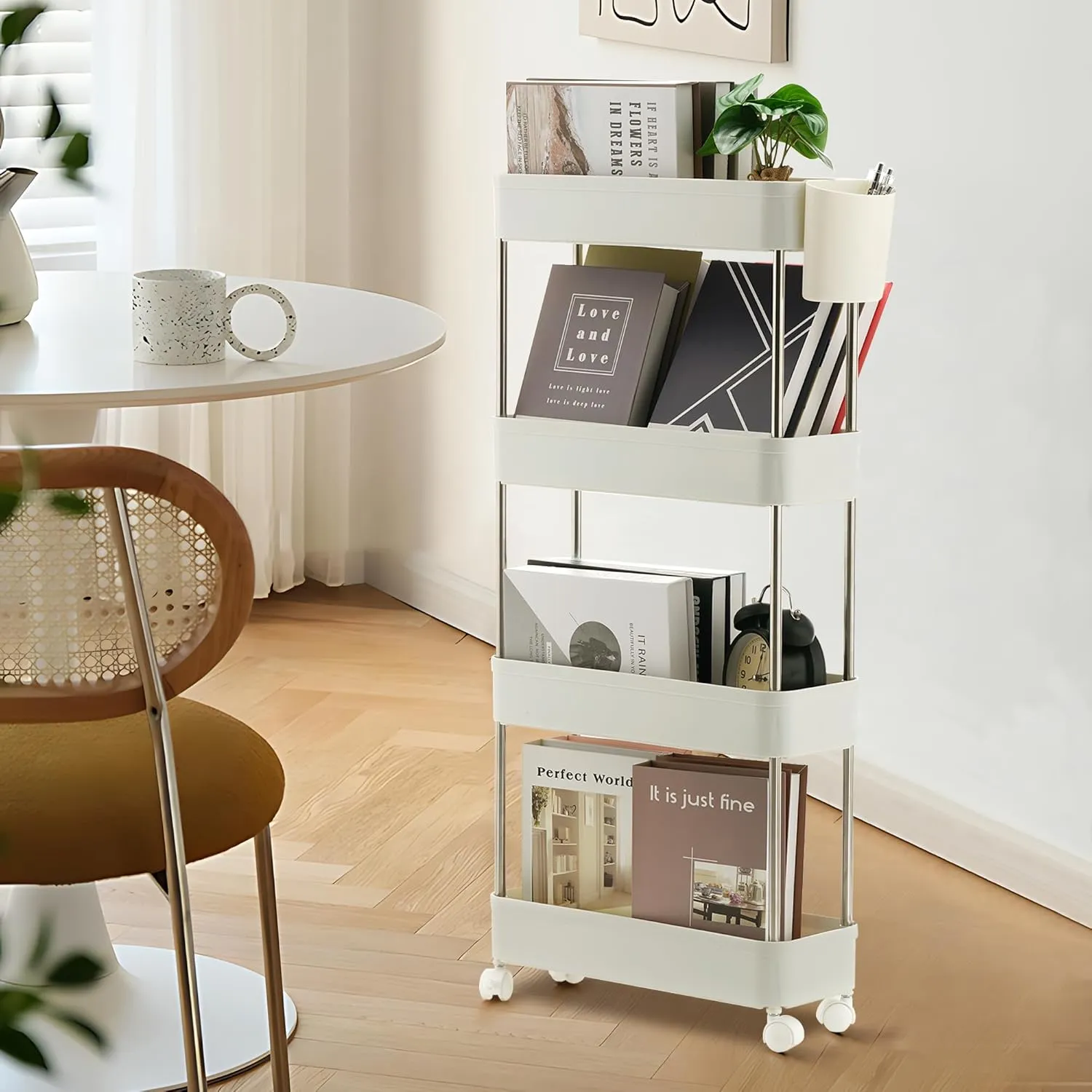 VECELO Storage Rolling Cart, 4 Tier Utility Cart Kitchen Slim Mobile Storage Unit Organizers with Wheels Hooks&Hanging Cups for Bedroom Bathroom Office Table Side in Narrow Places, White