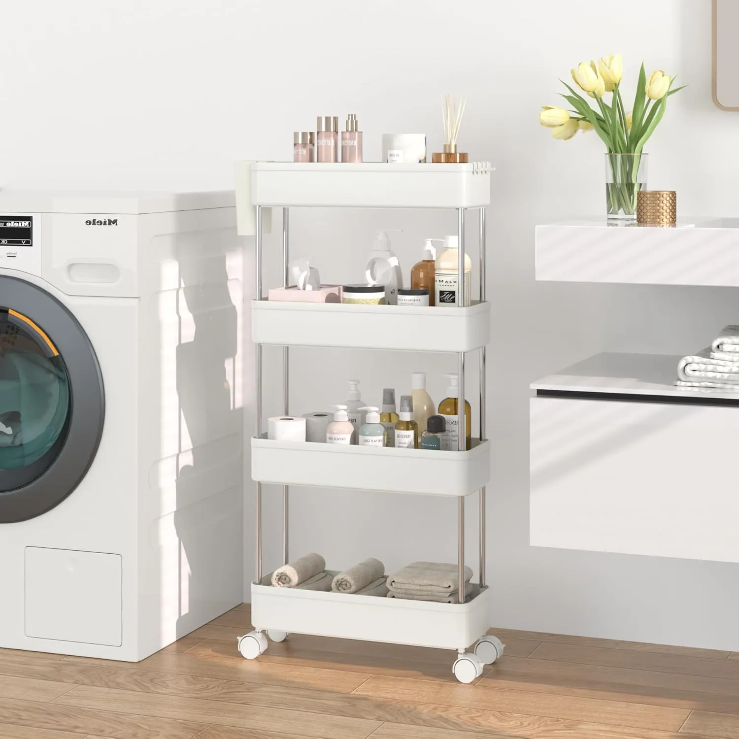 VECELO Storage Rolling Cart, 4 Tier Utility Cart Kitchen Slim Mobile Storage Unit Organizers with Wheels Hooks&Hanging Cups for Bedroom Bathroom Office Table Side in Narrow Places, White