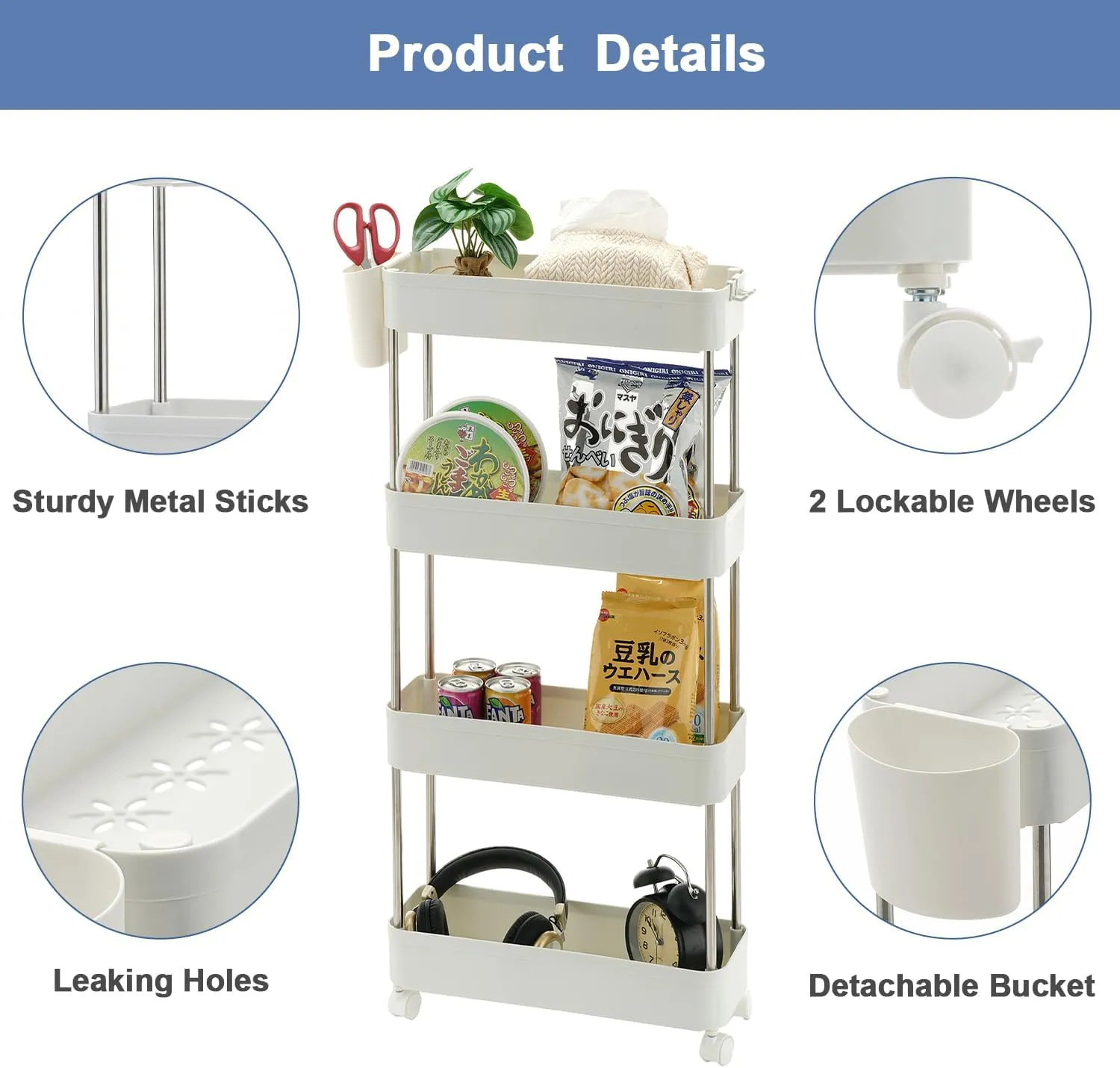 VECELO Storage Rolling Cart, 4 Tier Utility Cart Kitchen Slim Mobile Storage Unit Organizers with Wheels Hooks&Hanging Cups for Bedroom Bathroom Office Table Side in Narrow Places, White