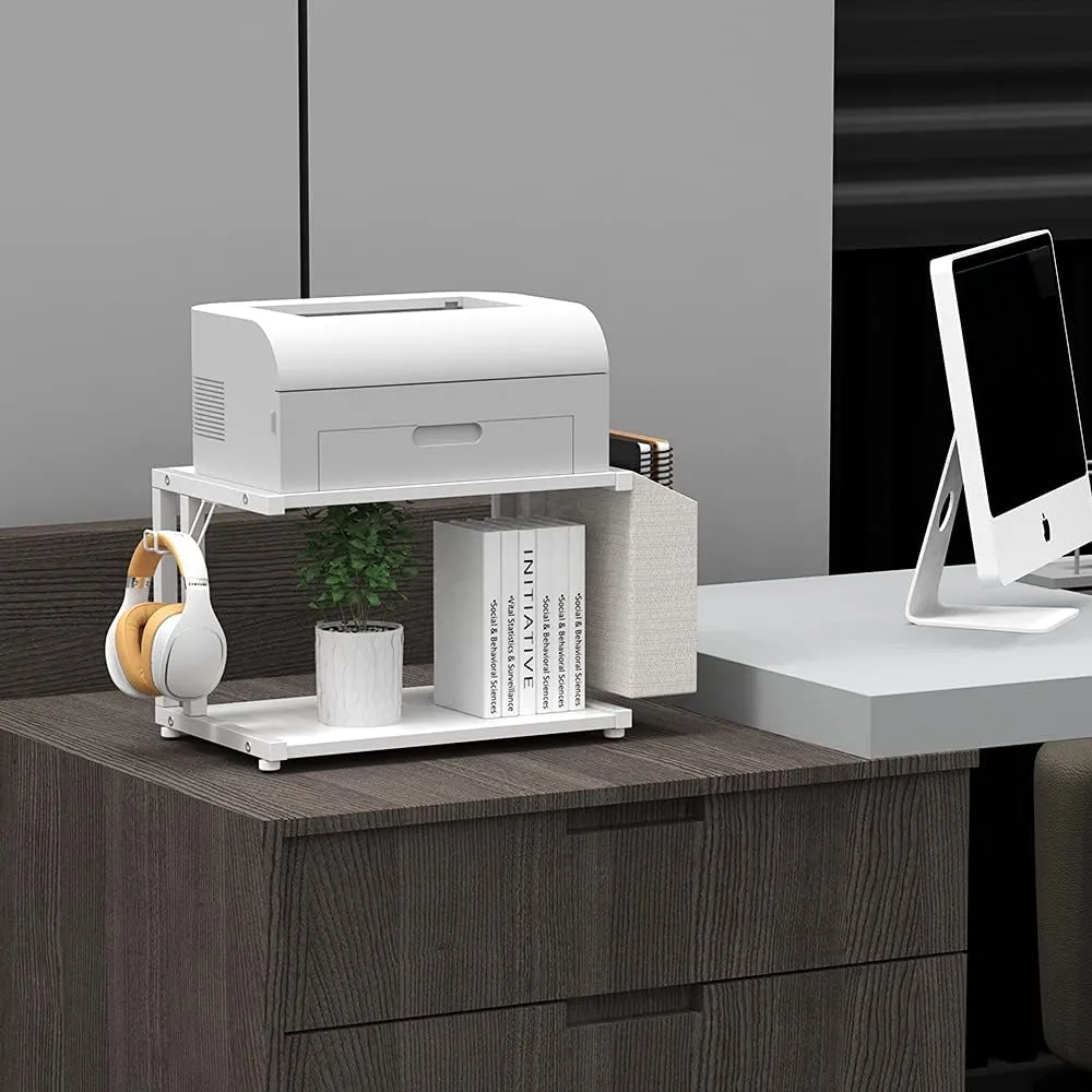 VEDECASA 2 Tier Modern White Wooden Under Desk Printer Stand with Storage Bag for Home Office Desktop Printer Table Organizer Mobile Printer Shelf Cart with Caster Wheel (White)