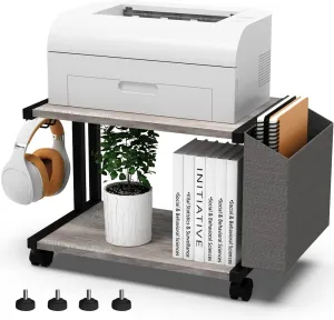 VEDECASA 2 Tier Vintage Greige Wooden Under Desk Printer Stand with Storage Bag for Home Office Desktop Printer Table Organizer Mobile Printer Shelf Cart with Caster Wheel