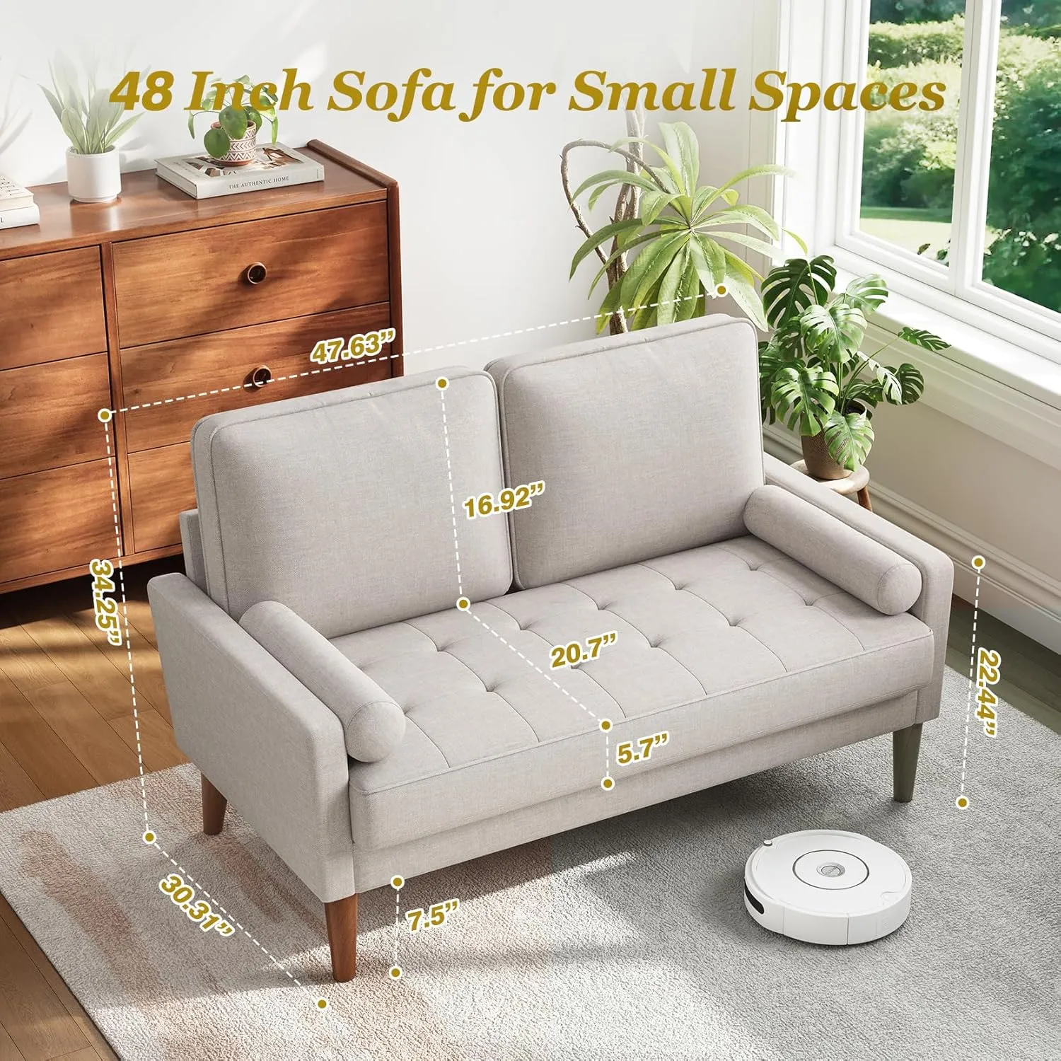 Vesgantti Loveseat Sofa, 48" Small Couches for Small Spaces, Love Seat for Living Room, Bedroom, Easy Assembly Mid Century Modern Couch with Throw Pillow for Apartment, Ashbeige