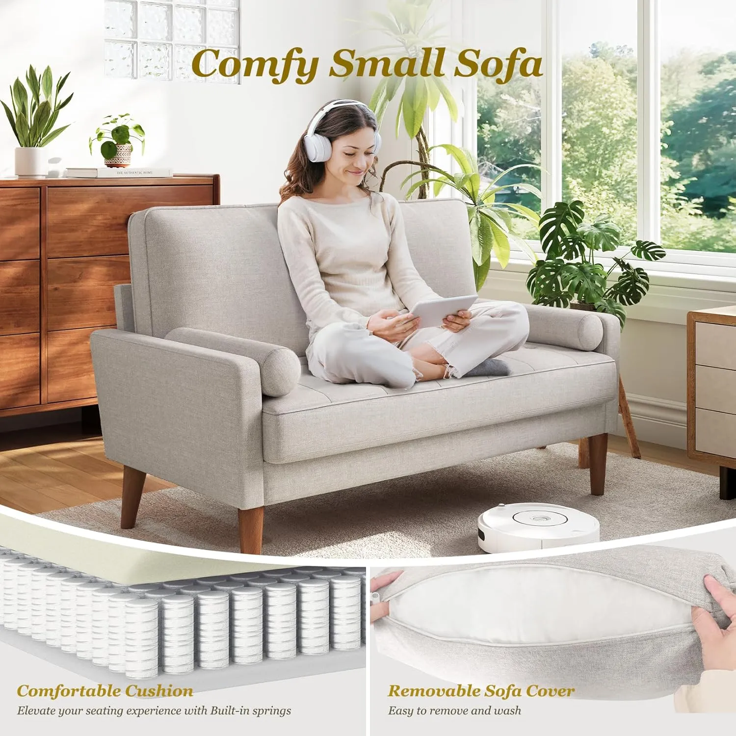 Vesgantti Loveseat Sofa, 48" Small Couches for Small Spaces, Love Seat for Living Room, Bedroom, Easy Assembly Mid Century Modern Couch with Throw Pillow for Apartment, Ashbeige