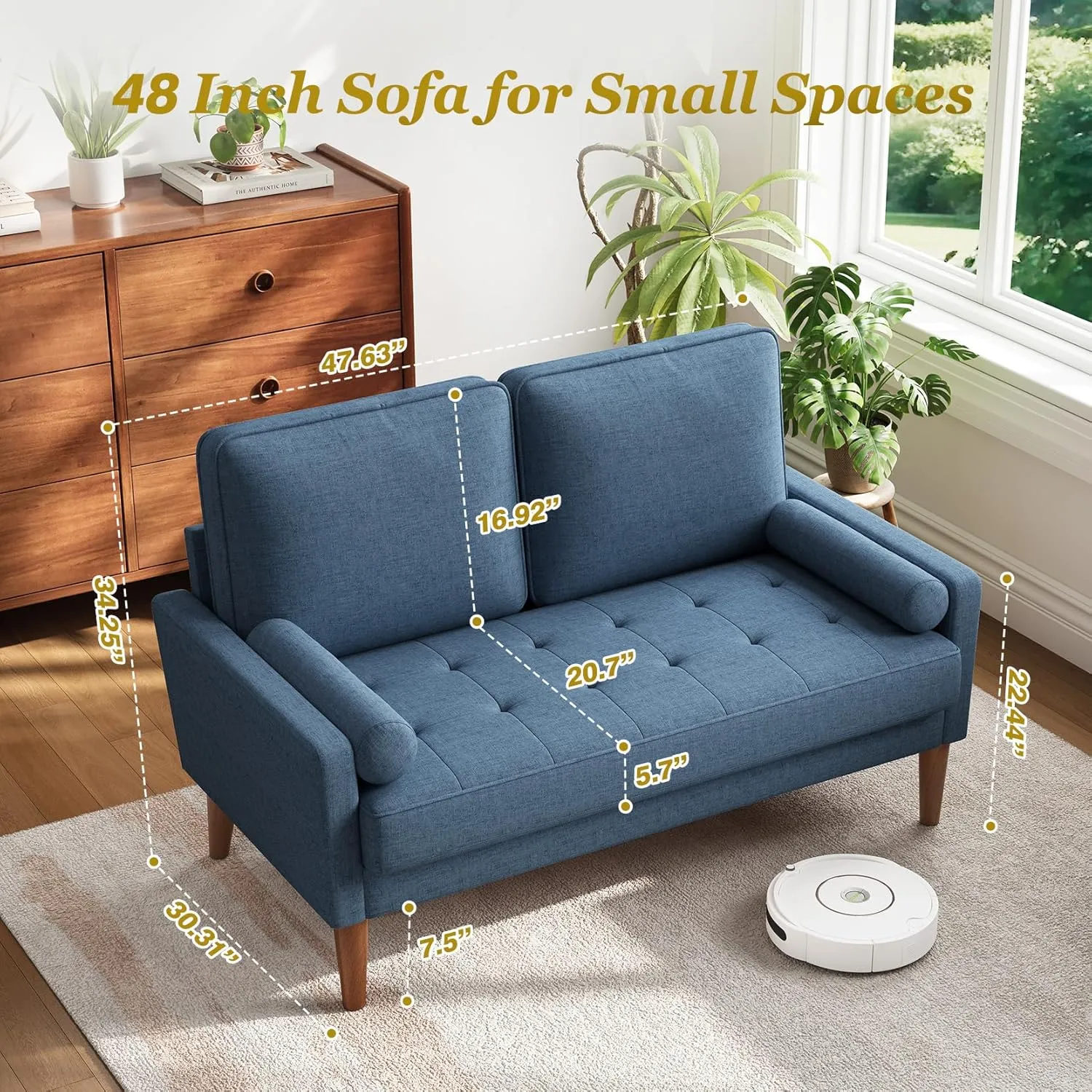 Vesgantti Loveseat Sofa, 48" Small Couches for Small Spaces, Love Seat for Living Room, Bedroom, Easy Assembly Mid Century Modern Couch with Throw Pillow for Apartment, Blue