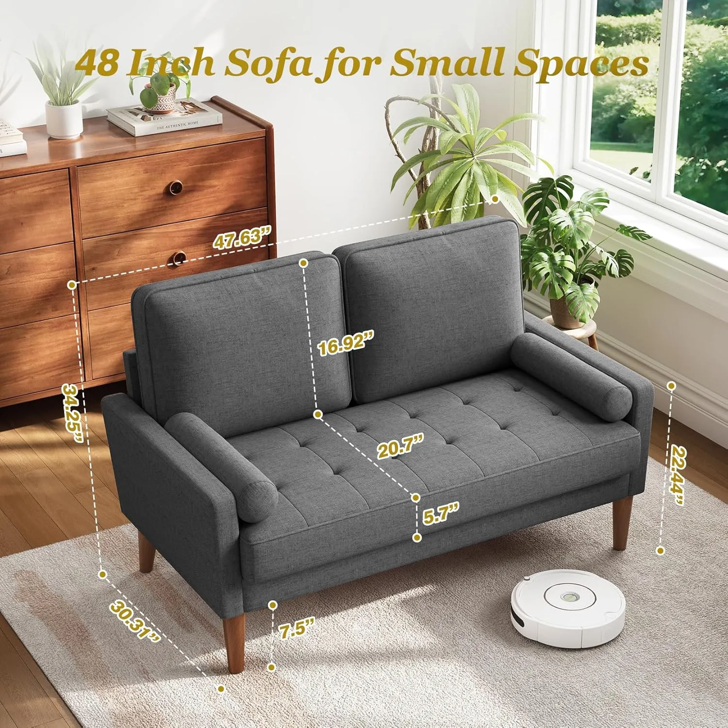 Vesgantti Loveseat Sofa, 48" Small Couches for Small Spaces, Love Seat for Living Room, Bedroom, Easy Assembly Mid Century Modern Couch with Throw Pillow for Apartment, Grey