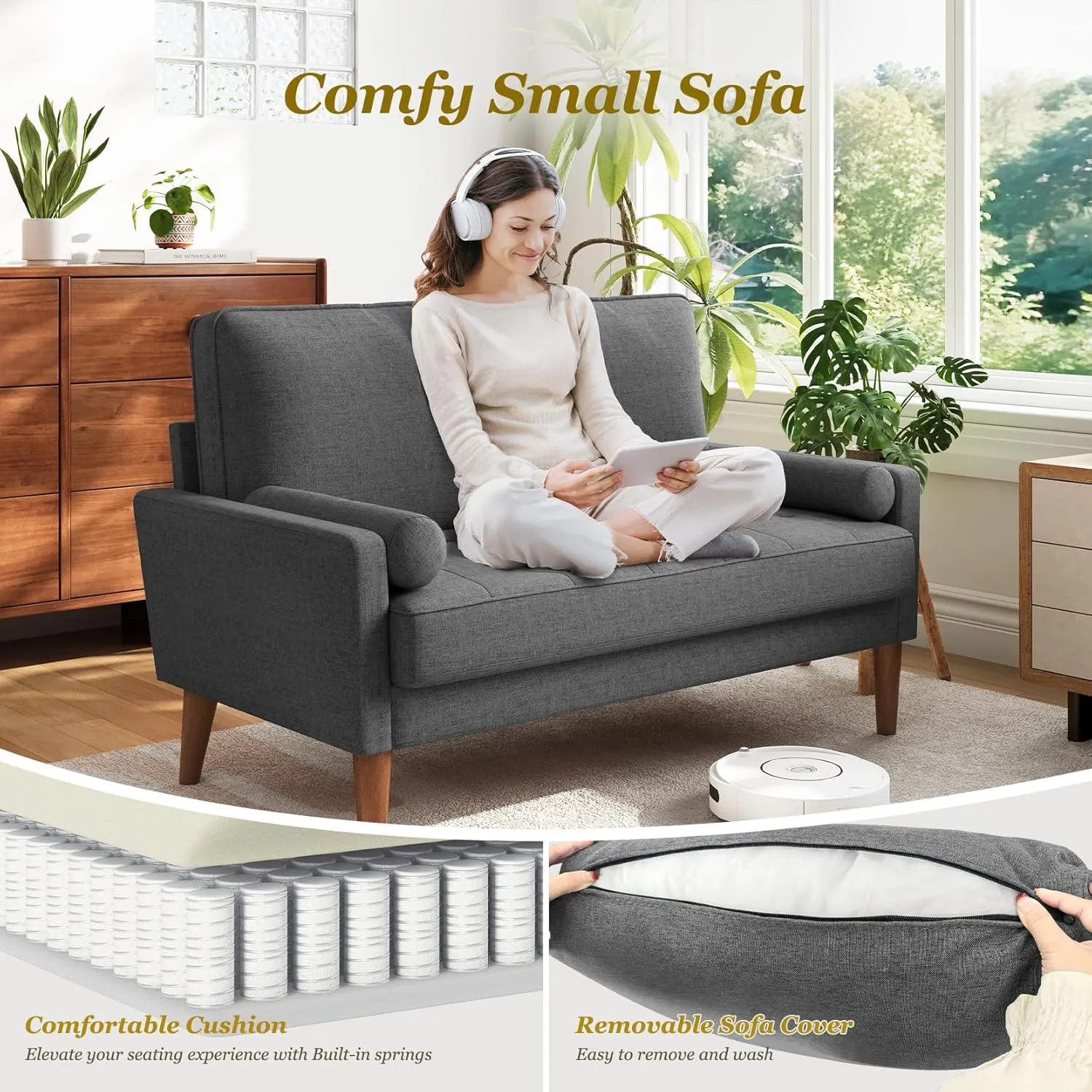 Vesgantti Loveseat Sofa, 48" Small Couches for Small Spaces, Love Seat for Living Room, Bedroom, Easy Assembly Mid Century Modern Couch with Throw Pillow for Apartment, Grey