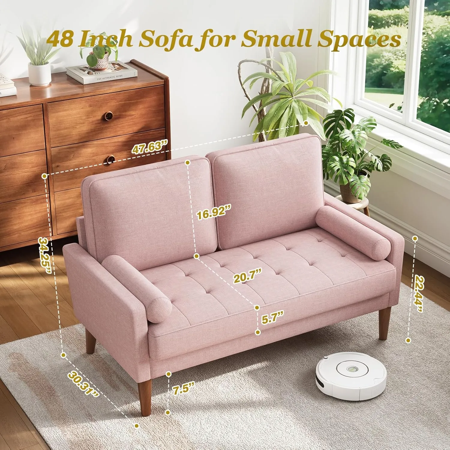 Vesgantti Loveseat Sofa, 48" Small Couches for Small Spaces, Love Seat for Living Room, Bedroom, Easy Assembly Mid Century Modern Couch with Throw Pillow for Apartment, Pink