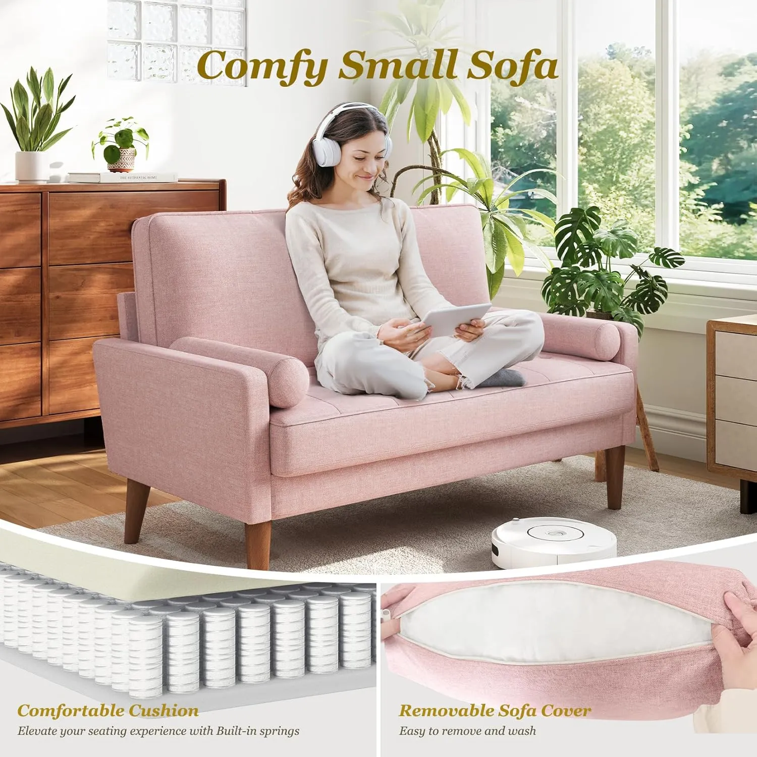 Vesgantti Loveseat Sofa, 48" Small Couches for Small Spaces, Love Seat for Living Room, Bedroom, Easy Assembly Mid Century Modern Couch with Throw Pillow for Apartment, Pink