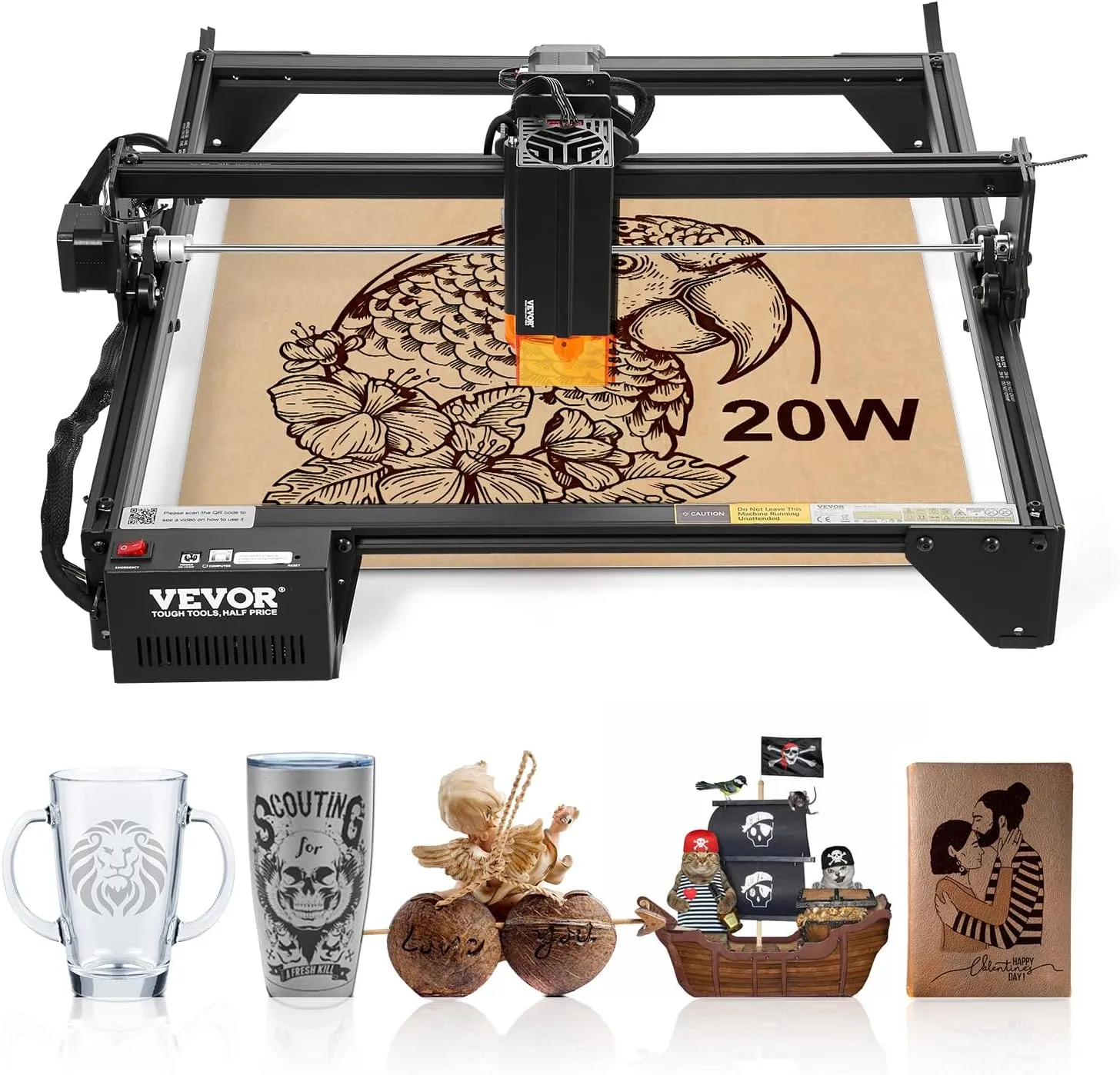 VEVOR 20W Output, Laser Engraving Cutter Machine, 13.7 x 15.7 in/35 x 40 cm Working Area, 10000 mm/min Movement Speed, Compressed Spot with Eye Protection, for Wood, Certain Metal, Black