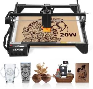VEVOR 20W Output, Laser Engraving Cutter Machine, 13.7 x 15.7 in/35 x 40 cm Working Area, 10000 mm/min Movement Speed, Compressed Spot with Eye Protection, for Wood, Certain Metal, Black