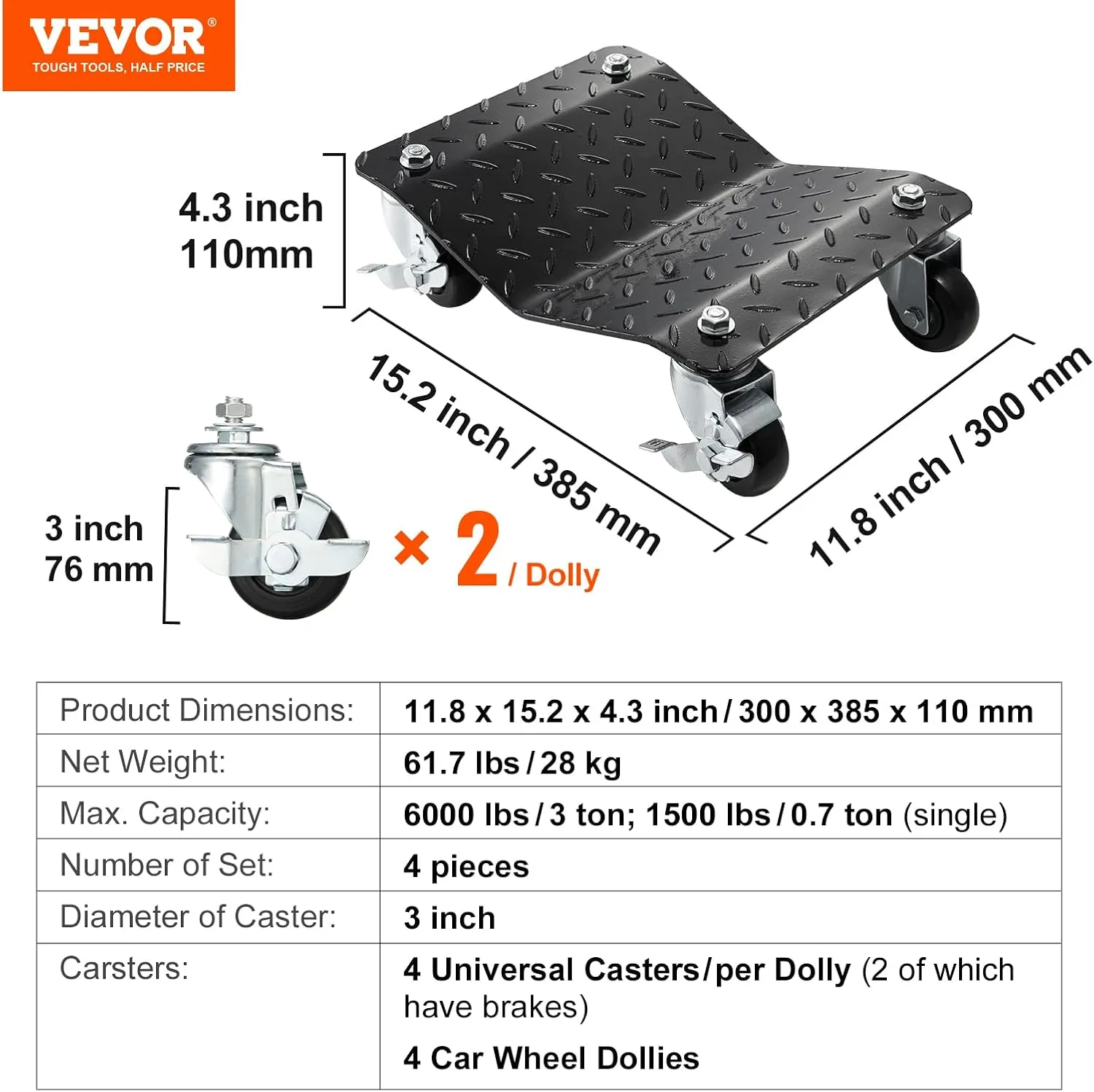 VEVOR Car Wheel Dolly, 6000 lbs/2722 kg Car Moving Cart with Brakes, Set of 4 Piece, Heavy-Duty Vehicle Dolly, Moving Cars, Trucks, Trailers, Motorcycles, and Boats