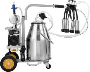 VEVOR Electric Cow Milking Machine, 6.6 Gal / 25 L 304 Stainless Steel Bucket, Automatic Pulsation Vacuum Milker, Portable Milker with Food-Grade Silicone Cups and Tubes, Adjustable Pressure