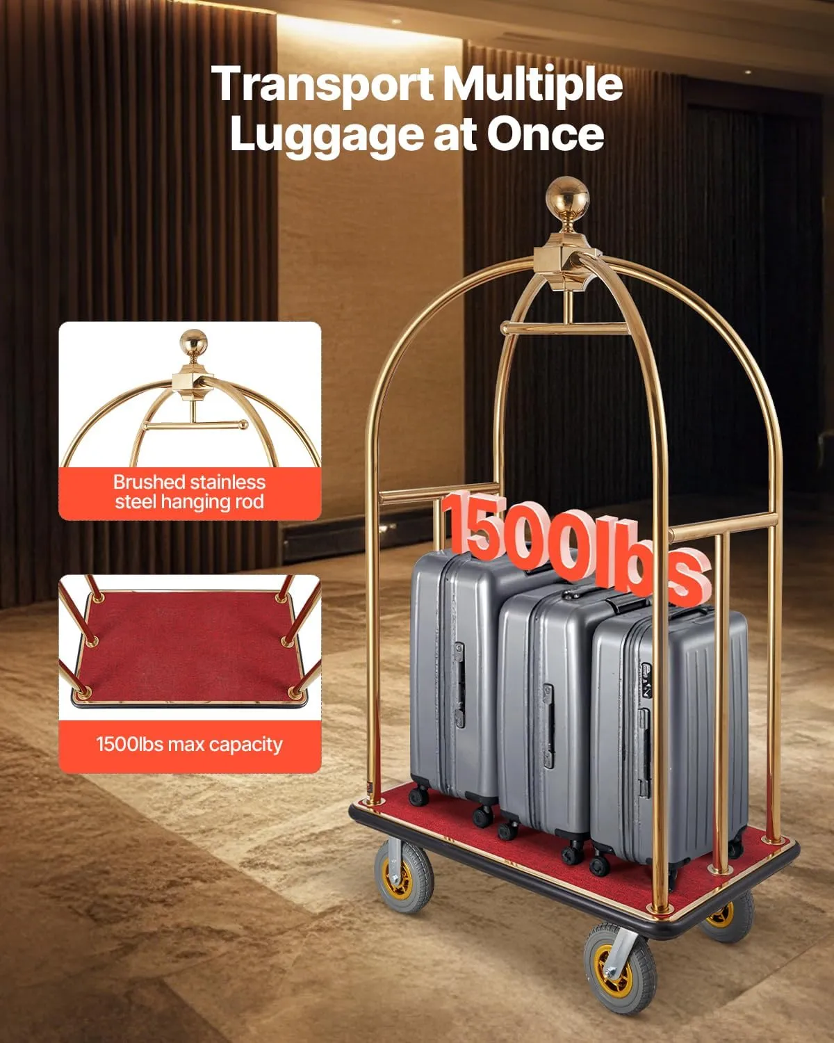 VEVOR Hotel Luggage, 1500 LBS Load Capacity, Brushed Stainless Steel Bellman's Cart Curved Uprights, Valet Cart with Red Carpeted Deck and 8-inch Rubber Wheels, Ideal for Hotels, Condos, Resorts