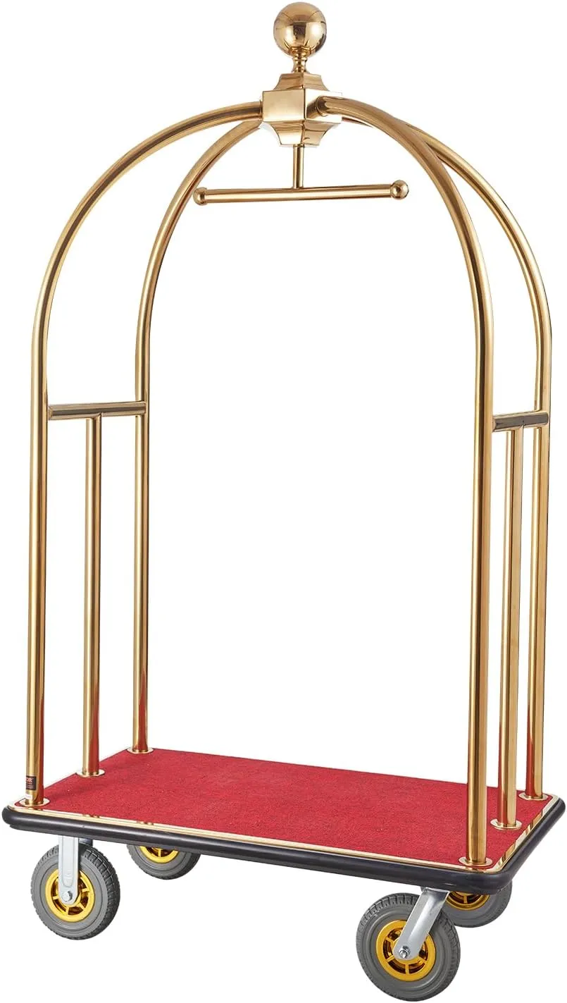 VEVOR Hotel Luggage, 1500 LBS Load Capacity, Brushed Stainless Steel Bellman's Cart Curved Uprights, Valet Cart with Red Carpeted Deck and 8-inch Rubber Wheels, Ideal for Hotels, Condos, Resorts