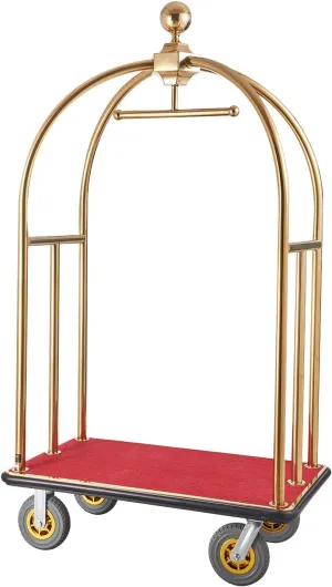 VEVOR Hotel Luggage, 1500 LBS Load Capacity, Brushed Stainless Steel Bellman's Cart Curved Uprights, Valet Cart with Red Carpeted Deck and 8-inch Rubber Wheels, Ideal for Hotels, Condos, Resorts