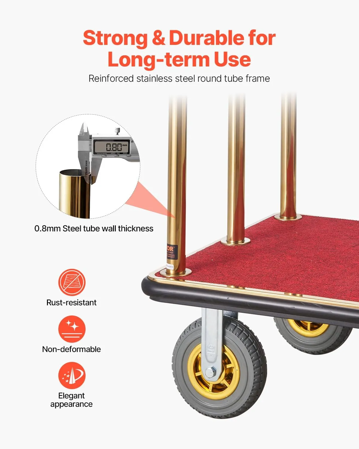 VEVOR Hotel Luggage, 1500 LBS Load Capacity, Brushed Stainless Steel Bellman's Cart Curved Uprights, Valet Cart with Red Carpeted Deck and 8-inch Rubber Wheels, Ideal for Hotels, Condos, Resorts