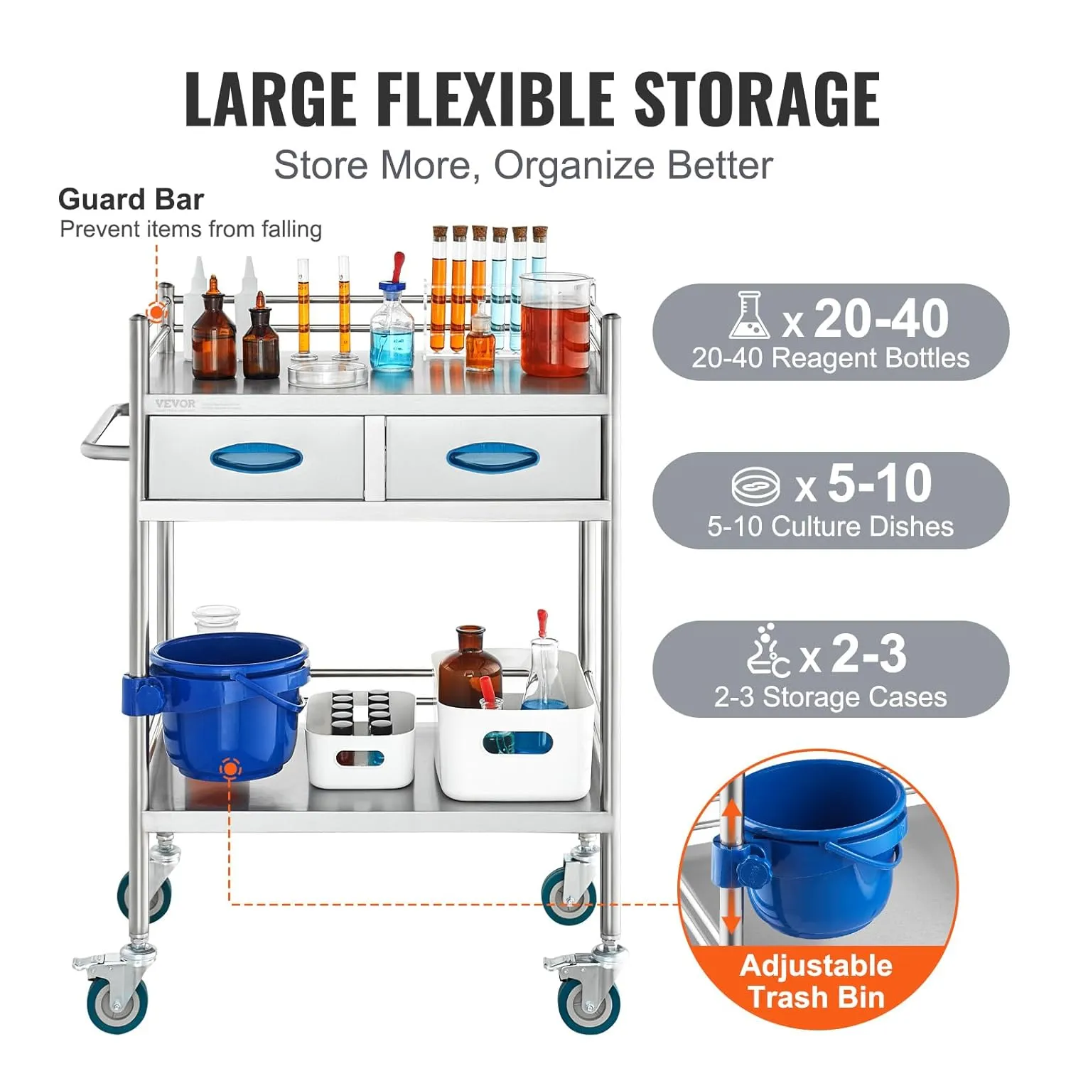 VEVOR Lab Serving Cart Utility Cart Stainless Steel Medical Cart with Two Drawers for lab Equipment Use Grade I Stainless Steel Utility Services (2 Shelves/ 2 Drawer)