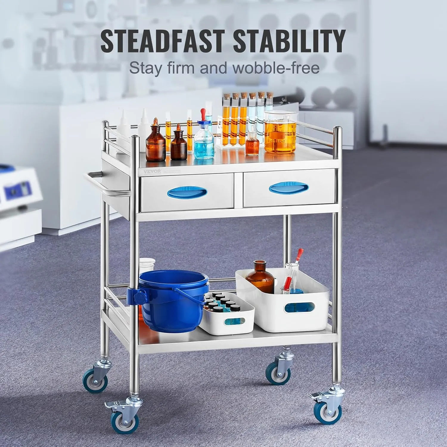VEVOR Lab Serving Cart Utility Cart Stainless Steel Medical Cart with Two Drawers for lab Equipment Use Grade I Stainless Steel Utility Services (2 Shelves/ 2 Drawer)