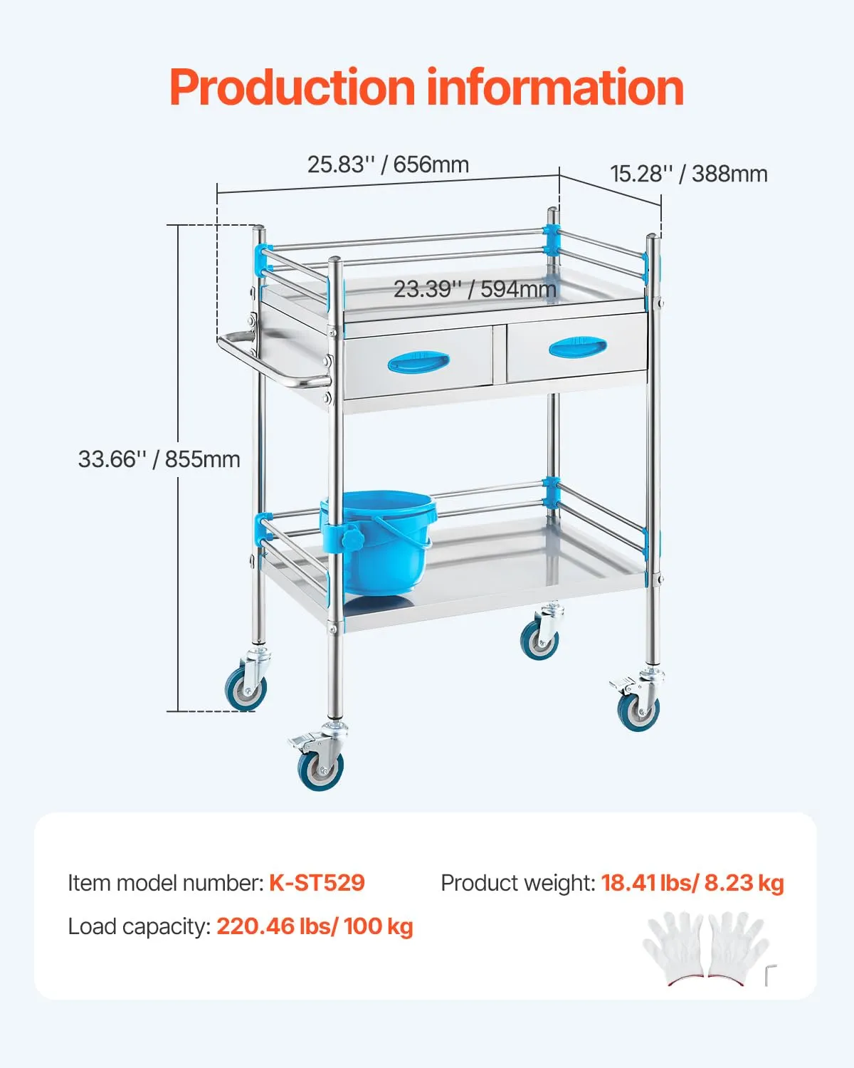 VEVOR Lab Serving Cart Utility Cart Stainless Steel Medical Cart with Two Drawers for lab Equipment Use Grade I Stainless Steel Utility Services (2 Shelves/ 2 Drawer)