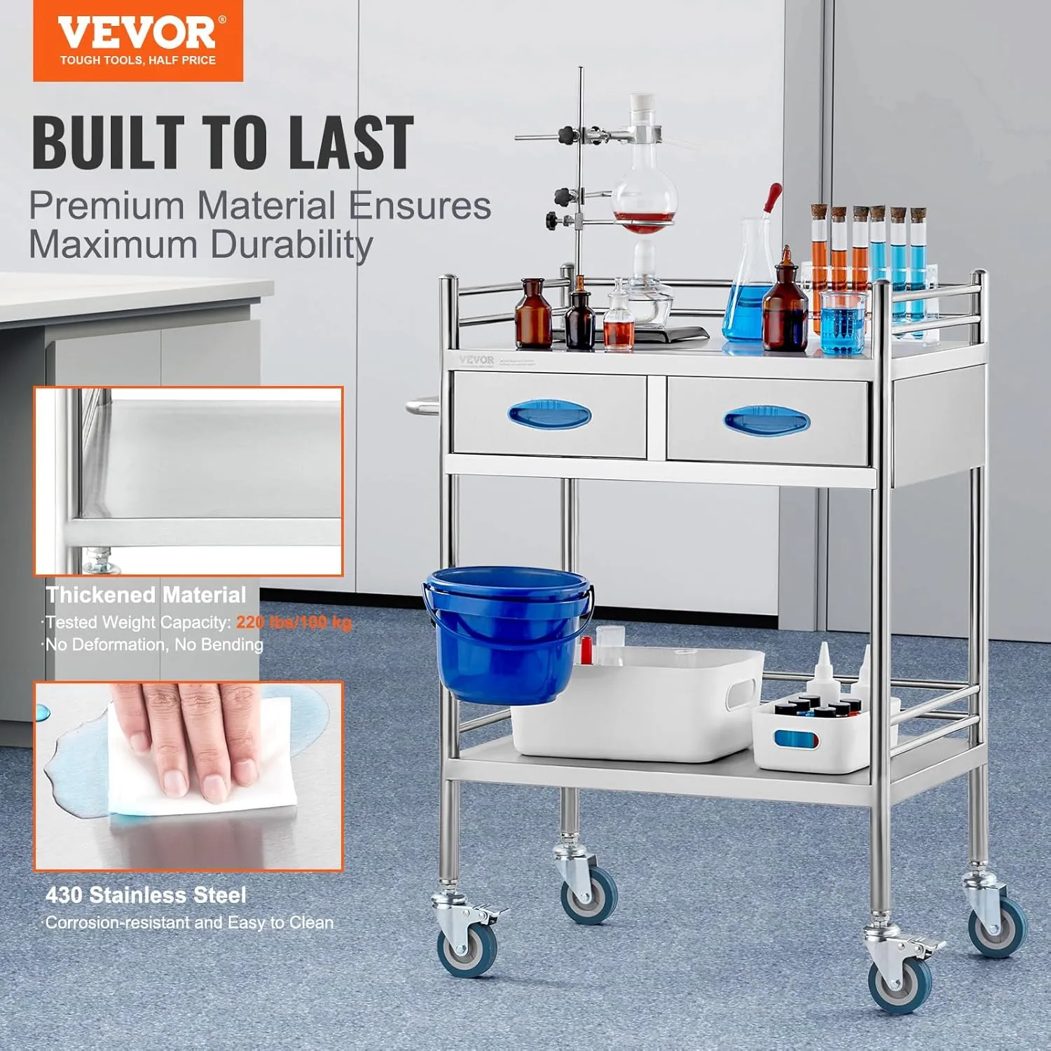 VEVOR Lab Serving Cart Utility Cart Stainless Steel Medical Cart with Two Drawers for lab Equipment Use Grade I Stainless Steel Utility Services (2 Shelves/ 2 Drawer)
