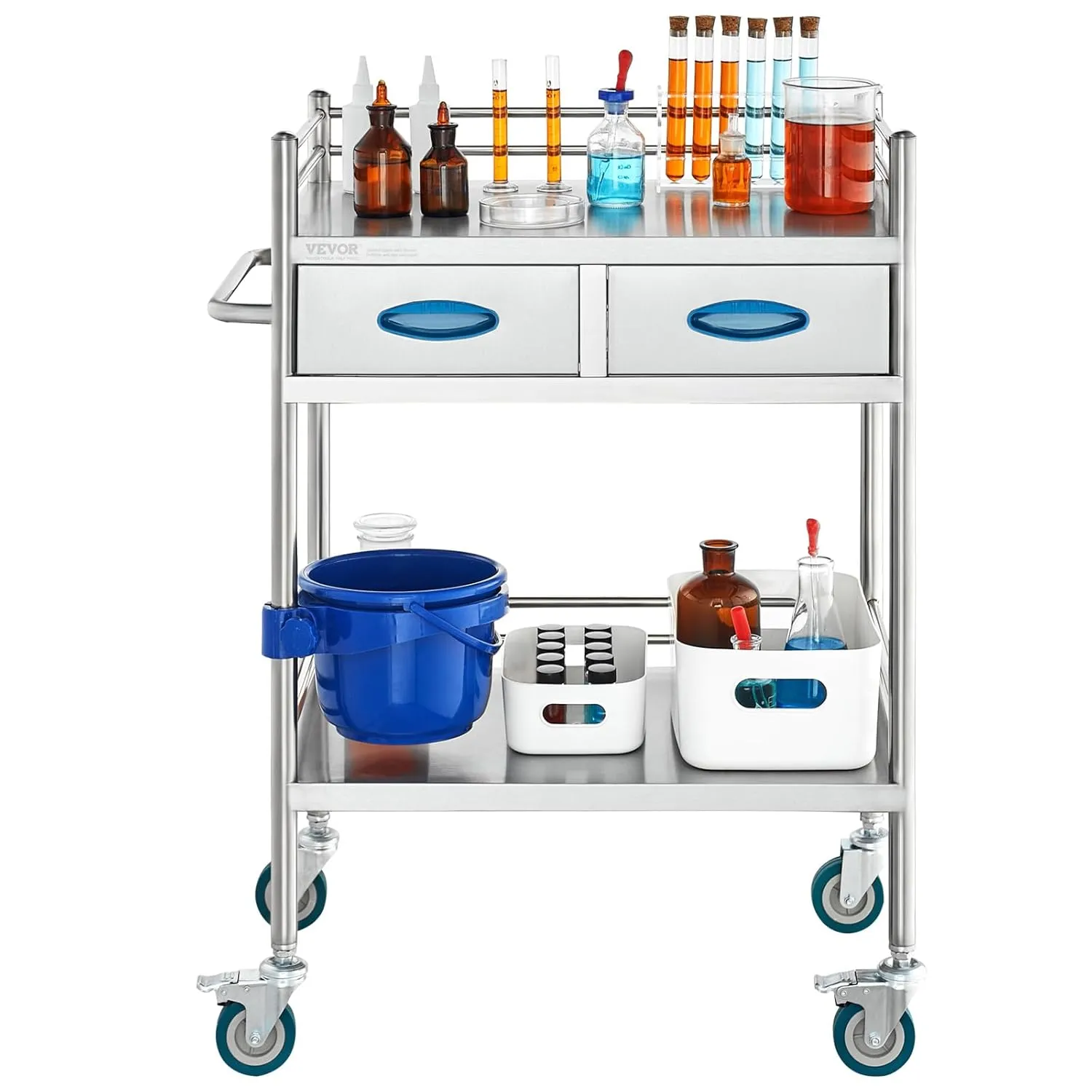 VEVOR Lab Serving Cart Utility Cart Stainless Steel Medical Cart with Two Drawers for lab Equipment Use Grade I Stainless Steel Utility Services (2 Shelves/ 2 Drawer)
