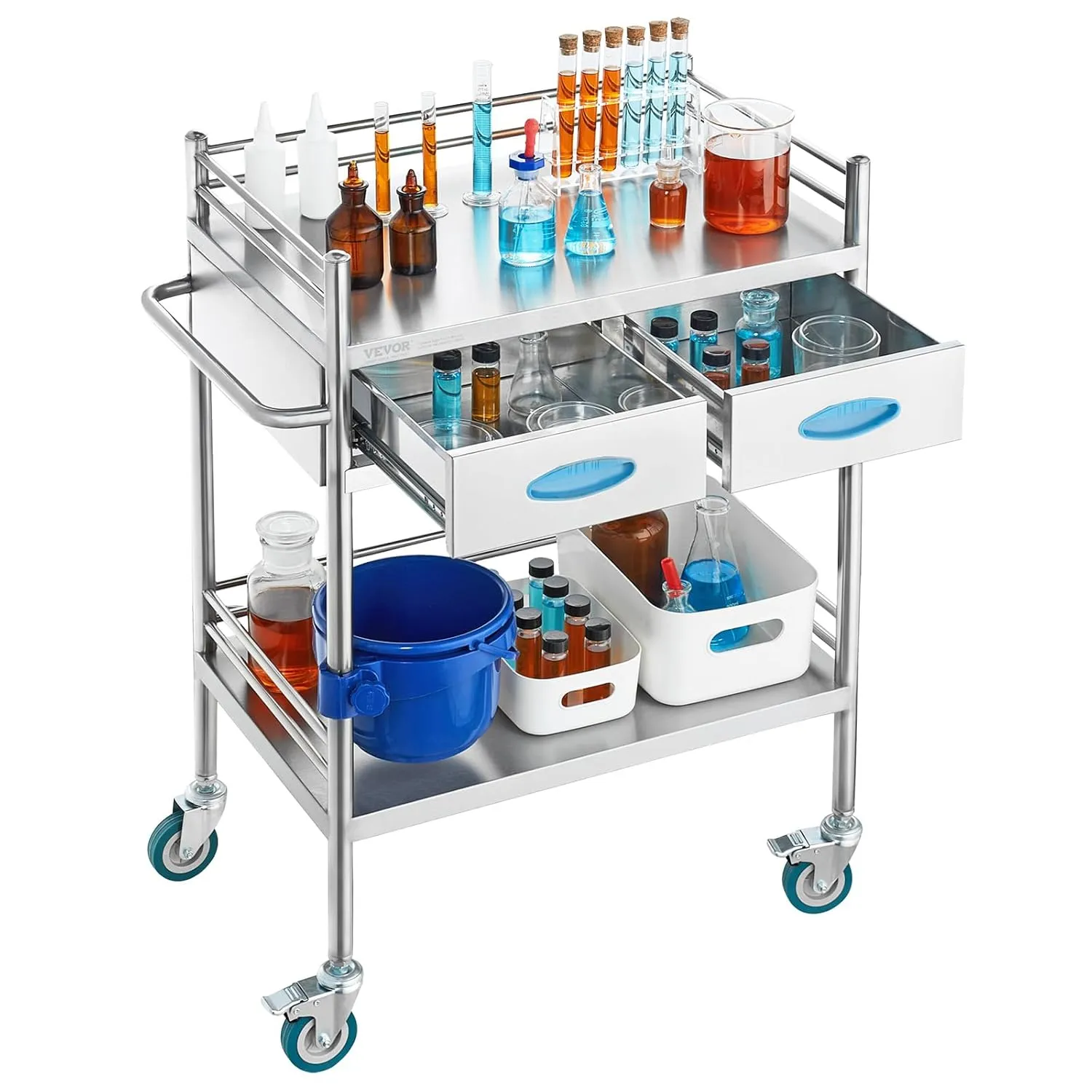 VEVOR Lab Serving Cart Utility Cart Stainless Steel Medical Cart with Two Drawers for lab Equipment Use Grade I Stainless Steel Utility Services (2 Shelves/ 2 Drawer)